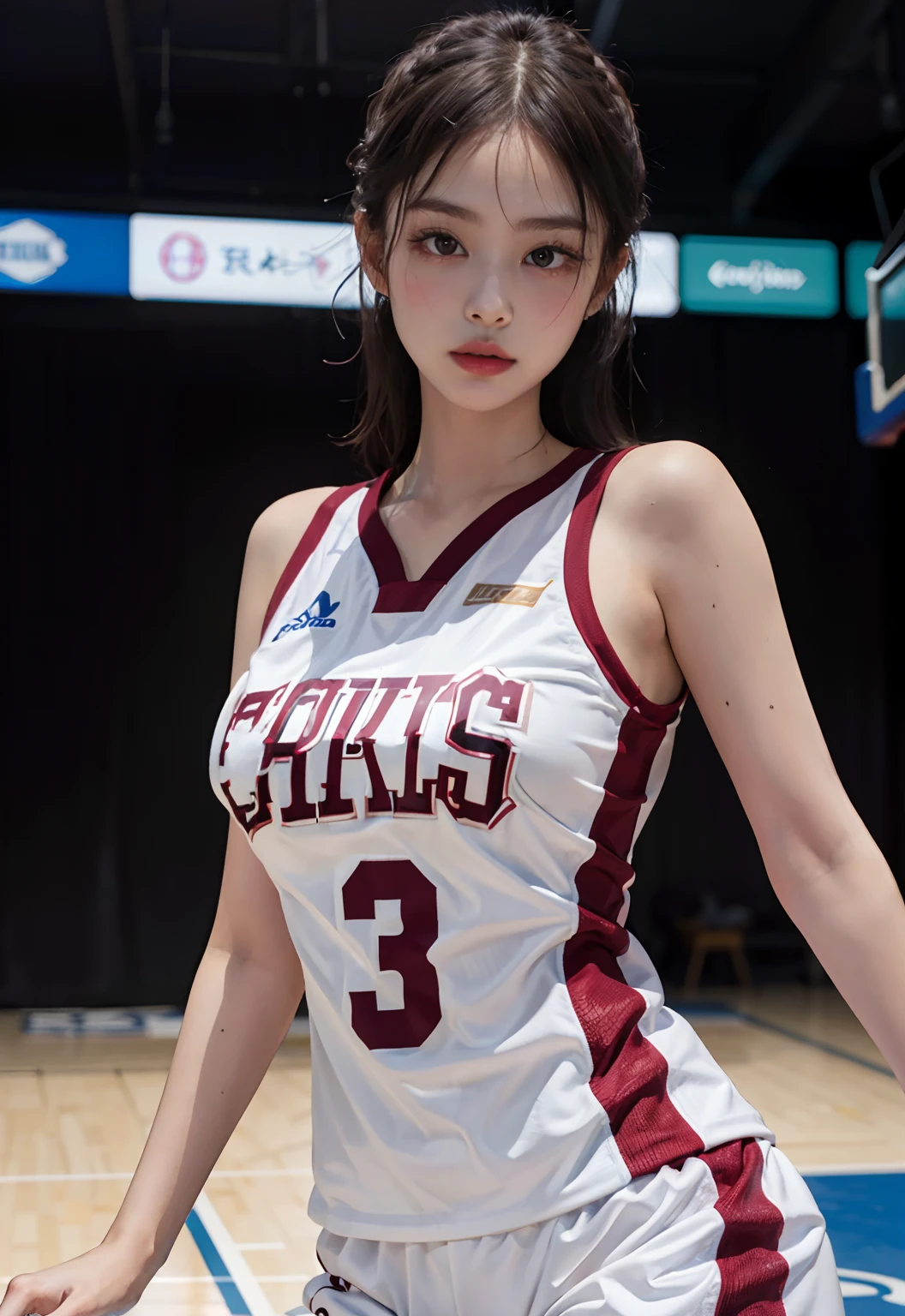 （ best qualtiy， tmasterpiece：1.2），A high resolution，8K,1girll，Delicate face，real looking skin，Dynamic light and shadow,Sharp focus,depth of fields,The eyes are delicate,pupil realistic, Playful expression， wear basketball uniform，（perfect bodies），（Big breasted 1.1），basketball playground，realisticlying, ultra - detailed, (shiny skins, perspired:1.4), looking at viewert,