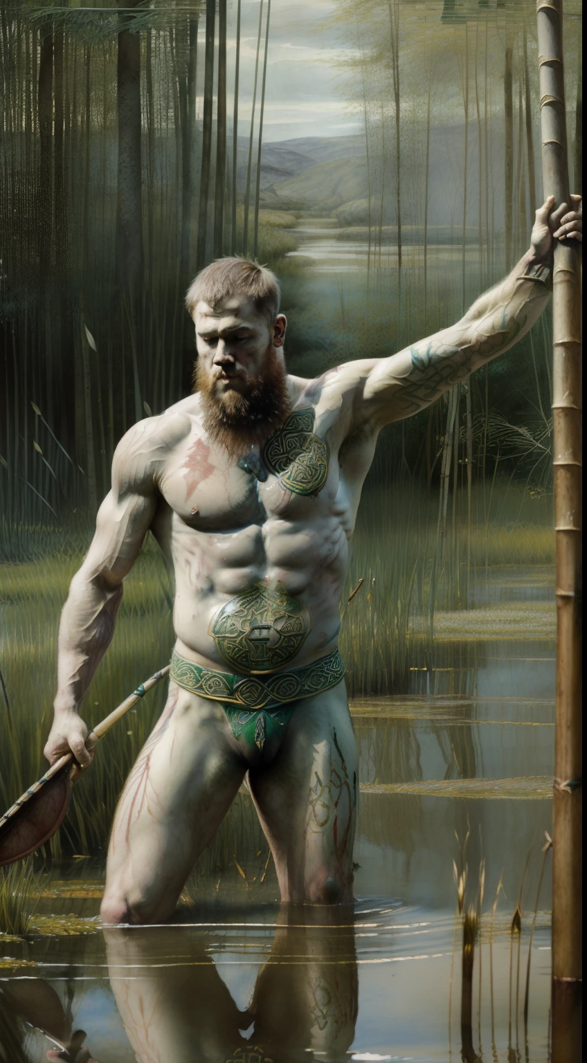 (((Celtic Pre-Raphaelite painting of naked Celtic warrior bleeding, morrendo, Feridas, sangue, pintado de azul, pictish, swamp full of reeds, vec)))