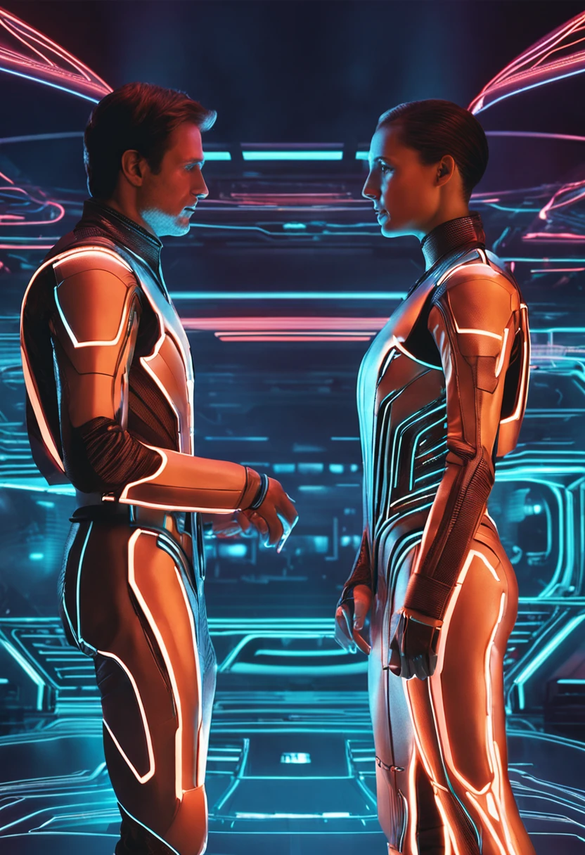 a close up of two people in futuristic clothing standing next to each other, tron, colors of tron legacy, 1 9 8 0's sci - fi style, 1 9 8 0 s sci - fi movie, tron legacy, cybernetic glowing, 8 0's vintage sci - fi style, neon version of style jim burns, 80s sci fi, tron legacy setting