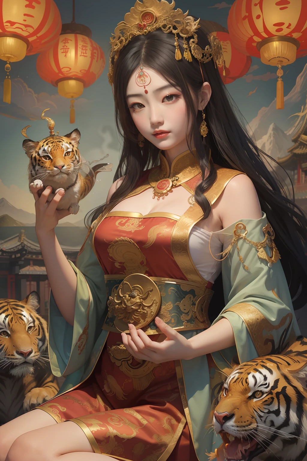an ancient Chinese goddess, guanyin of the southern seas, Guanyin, Inspired by China, Avalokiteshvara rides a tiger，,Serene expression,shui mo hua,Buddha,Buddhist,Lotus,Chinese painting style,Thangka style