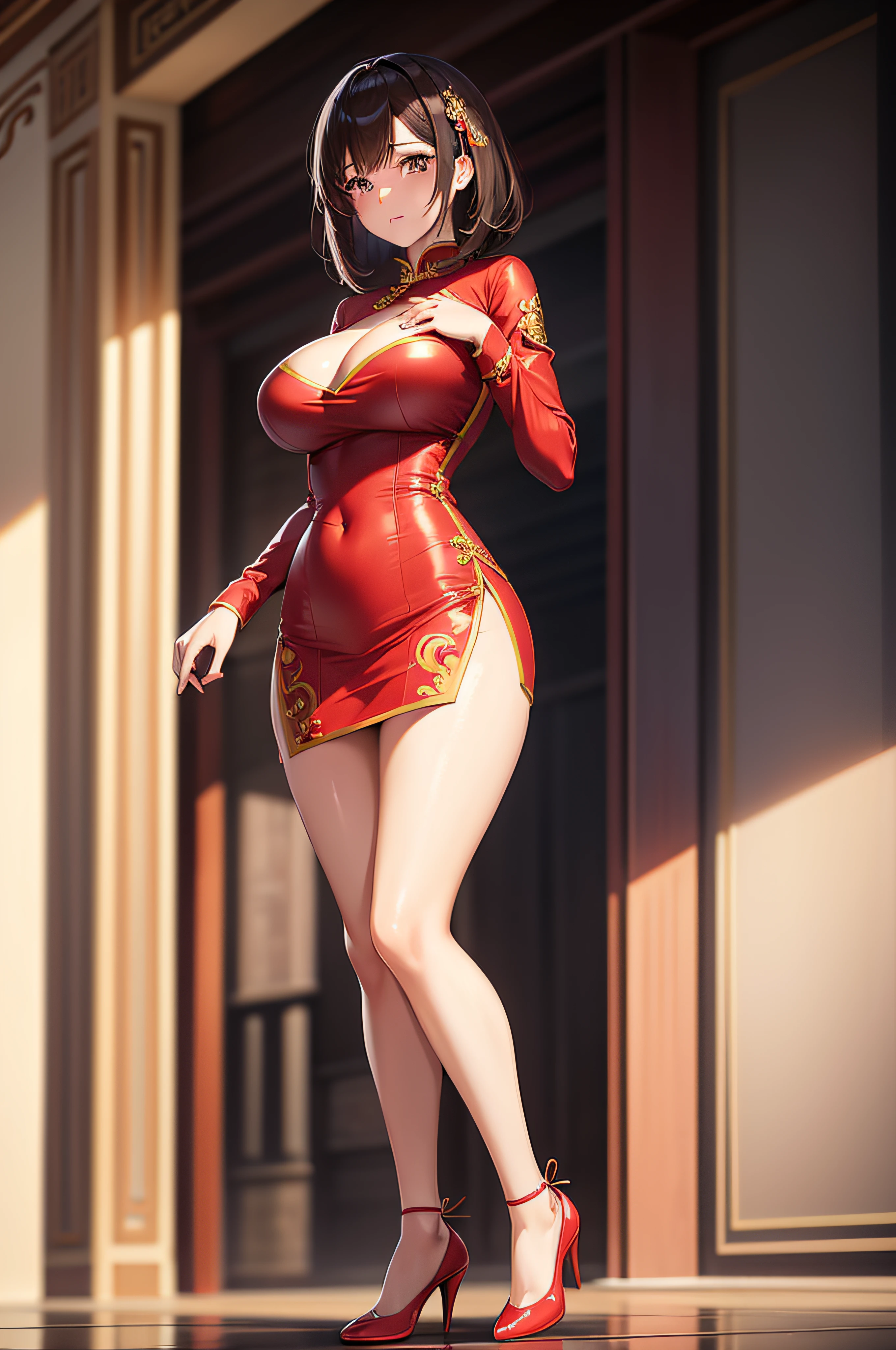 tmasterpiece,high high quality,1girll,Red and white cheongsam,Short skirt that wraps around the hips,brunette color hair,By bangs,a mature female,tight-fitting,Big breasts Thin waist,perfect bodies,high-heels,holding folding fan,Fold your hands to your chest,shiny skins,standing on two feet,Chinese style buildings,Full body like,In the middle of the picture,Delicatemakeup