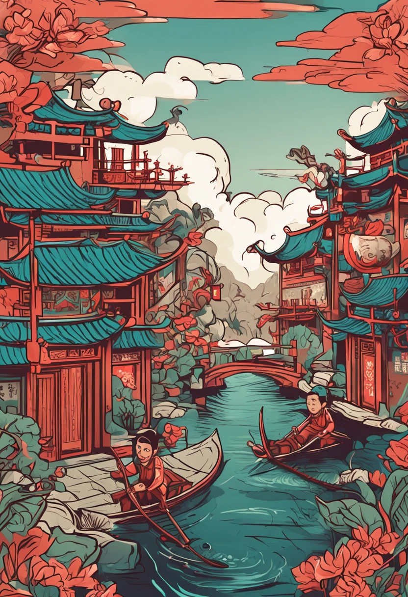 Poster design, (SFW), two rowing boys, Chinese dragon, spring outing, happy, background is a small river interspersed in Chinese street, perfect quality, clear focus, colorful, perfect face, intricate details, ultra-low viewing angle, wide angle lens