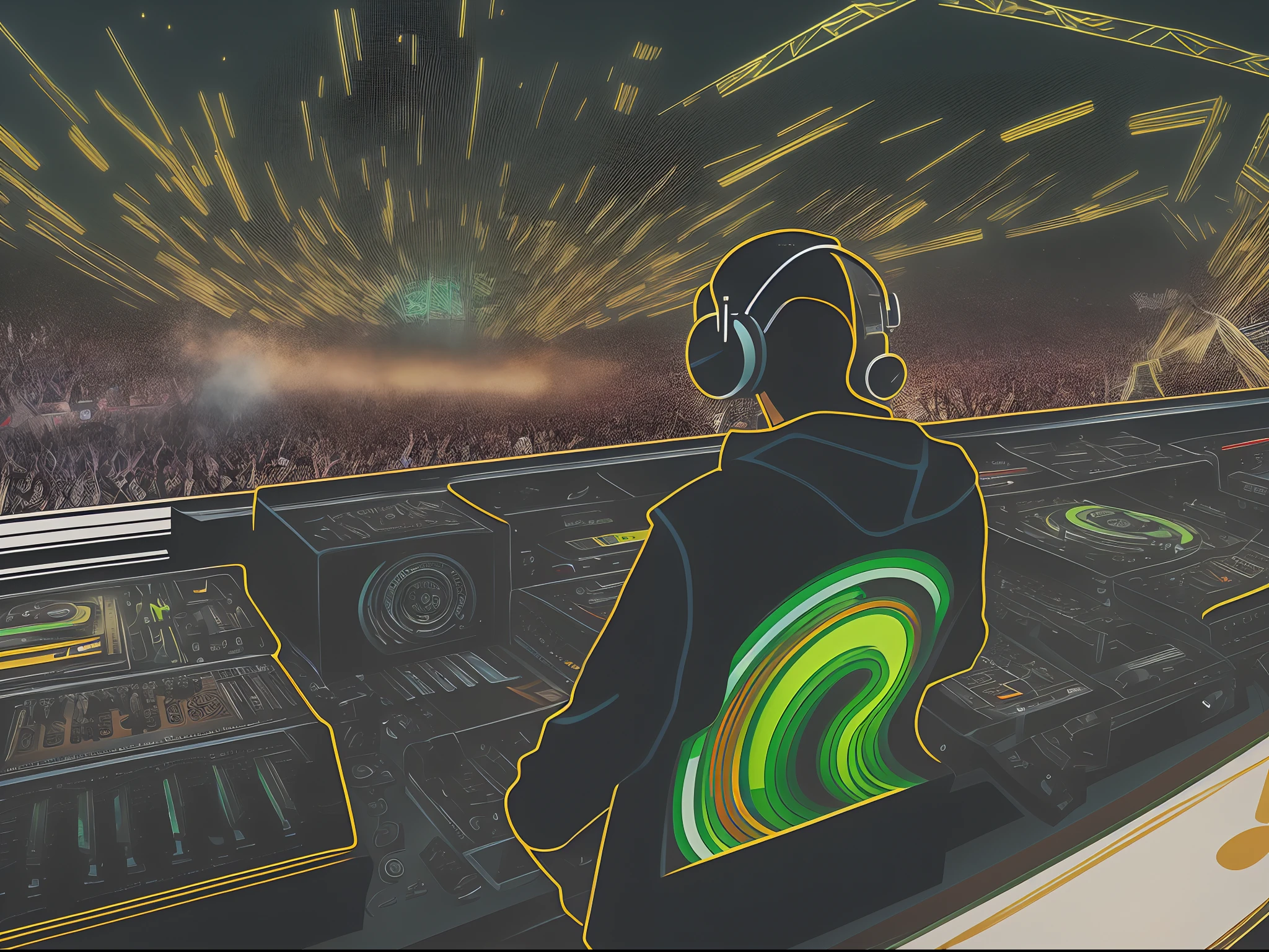 4k画质,Photorealsitic,Please draw well-known DJs,Skrillex,Electronic Music Festival,Festive atmosphere,Enliven the atmosphere,