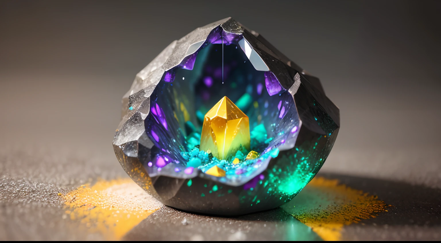 neon glowing sulphuric 3d realistic crystals in a cracked geode 16k.sulphure stone,yellow sulphure stone