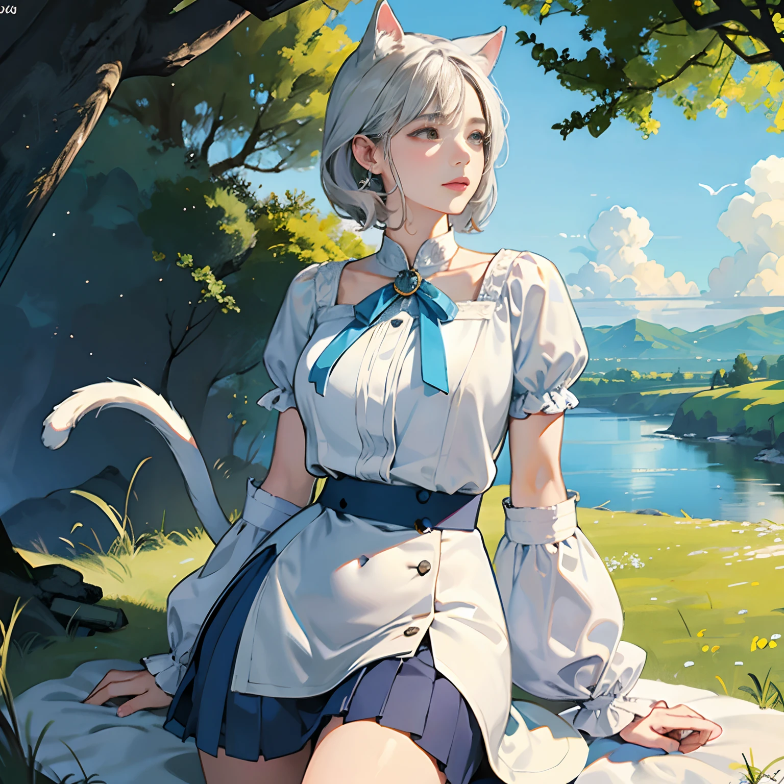 Women in Their 20s, offcial art, unity 8k wall paper, ultra-detailliert, beautifly、Aesthetic, ​masterpiece, top-quality, Photorealsitic、Cat-eared clan、Cat's ears、very thick tail:1.5、very thick and long tail、dark brown eyes、Silver-white hair、shorth hair、Short-cut hairstyles、White short sleeve blouse、Blue short skirt、Collar with bell:2.0、depth of fields, Fantastic atmosphere, Calm palette, tranquil mood, Soft shading、Large grasslands、flower  field、cobblestone road、Stone signpost、Rivers and bridges、Beautiful Landscapes、bbw、very large breast、plump figure、Holding a dagger in each hand
