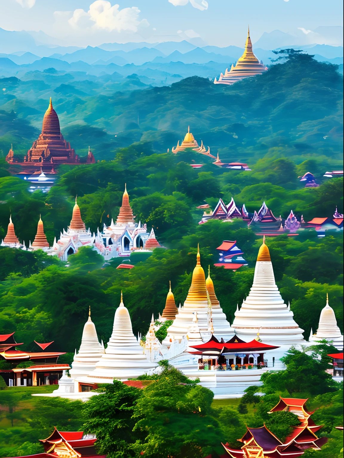I'm going to upload some of the scenery in Myanmar.
Prompt: vector art landscape of Myanmar, white pagoda and monastery on the hill, intricate image by Charles Angrand
Playground ai, SDXL , ( style, water colour), Full HD