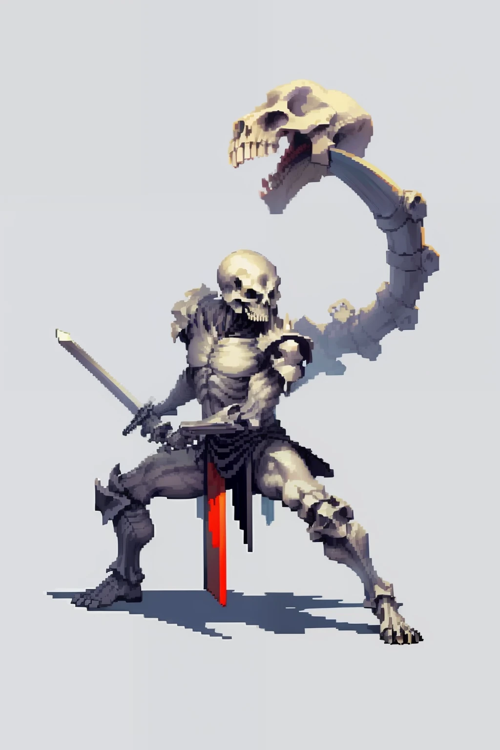 skeletal、Bone monster、holding a sword in one's hand、Combat regime、(Pixel art:1.3)、simple background