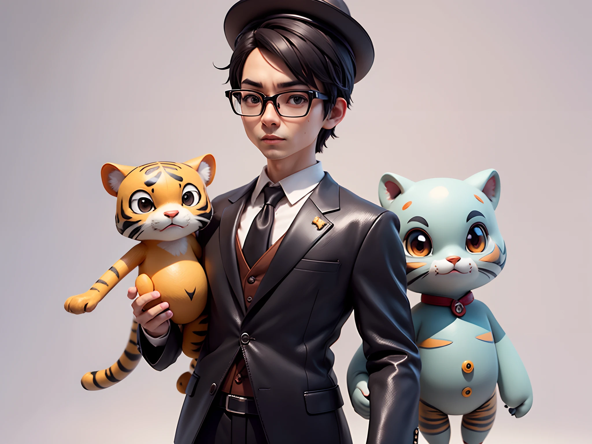 Young man with oriental face in leather hat, tiger, oriental face in formal suit, short black hair, silver glasses, digital painting, 3D character design by Mark Clairedon and Pixar and Hayao Miyazaki and Akira Toriyama, the illustration is a high-definition illustration in 4K resolution with very detailed facial features and cartoon-style visuals.