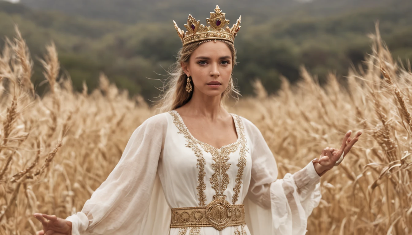 (Professional 3D rendering:1.3) de (Realistic:1.3) foto de arte mais bonita do mundo,((Elder King, epic hero, rough fantasy, olhar gentil, sorrindo, Cabelos Longos, Large beard and strong expression in dynamic pose, crown on her head, Strolling on the right side of the barley plantation, Location in the barley field, majestoso ambiente desordenado)), (roupas lindas, ((Wear a crown on your head)); manto majestoso, White tunic and white linen shirt:1.4); corpo inteiro 8k unidade render, action shot, poros da pele, very dark lighting, sombreamento pesado, circunstanciado, rosto detalhado, (Vibrando, fotografia realista, Realistic, Dramatic, Escuro, foco nítido, 8k), (intrincado:1.4), decadente, (altamente detalhado:1.4), Pintura digital, conceito-arte, liso, foco nítido, germe da arte, (Loish:0.23), (global ilumination, studiolight, light volumetric), floating particles, fantasia, corpo inteiro.