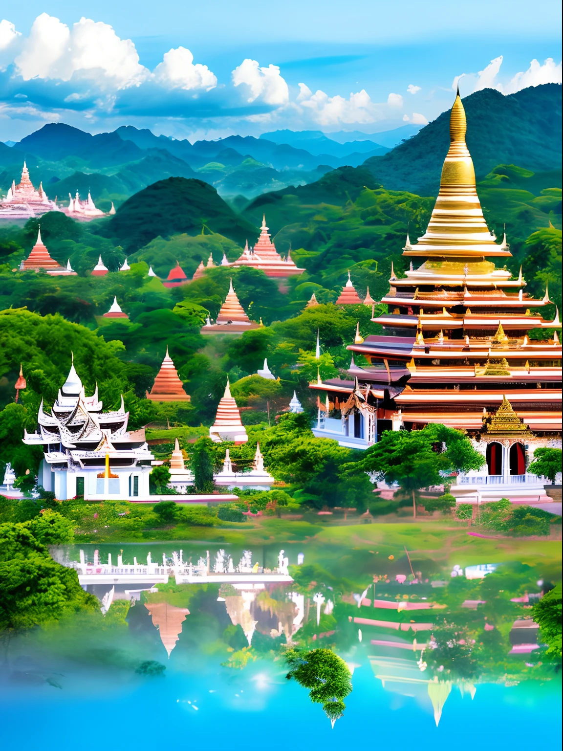 I'm going to upload some of the scenery in Myanmar.
Prompt: vector art landscape of Myanmar, white pagoda and monastery on the hill, intricate image by Charles Angrand
Playground ai, SDXL , ( style, water colour), Full HD