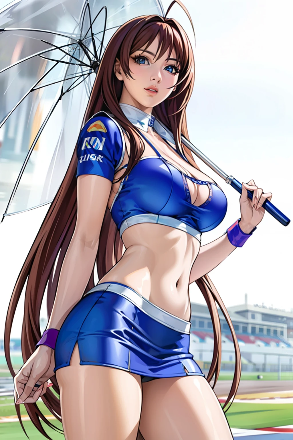 ((Formula One)), race track, miniskirt, crop top,background, perfect eyes:1.2, detailed eyes:1.4, very long hair, ahoge, cowboy shot, (PhotoRealistic:1.4), umbrellaLORA, holding umbrella, Maya-Natsume-KJ, race_queen, clothing cutout, looking at viewer, Ultra-realistic 8K CG, masterpiece, ((ultra-detailed background, delicate pattern, intricate details)), best quality, intricate details, 1girl, solo, (masterpiece:1.6, best quality),