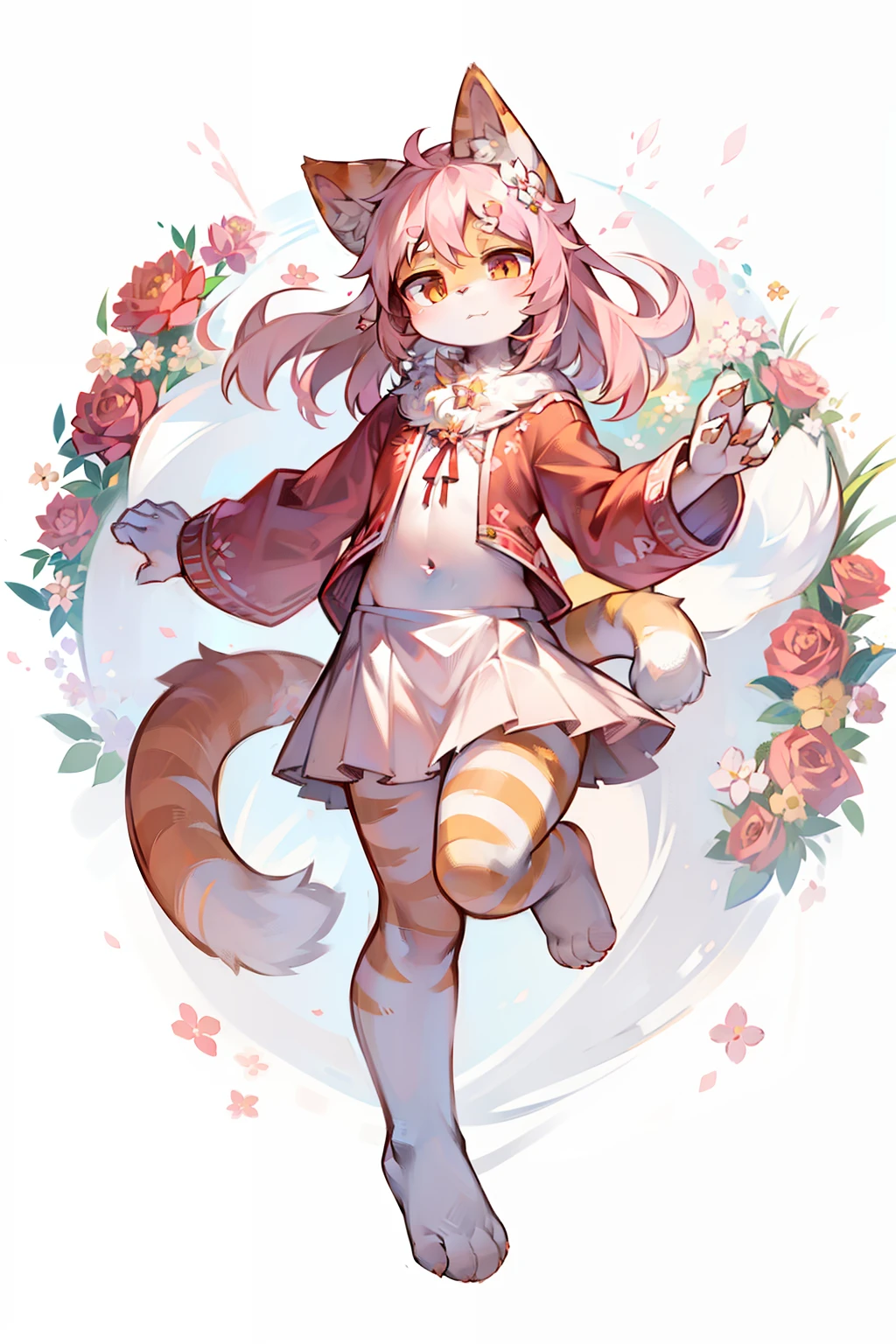 Furry，Cat cat，White body，Pink-orange stripes，Pink white ears，There are white flowers on the forehead，eyes orange，A circle of flowers around the neck，Furry，Cat cat，There are clothes，The barefoot