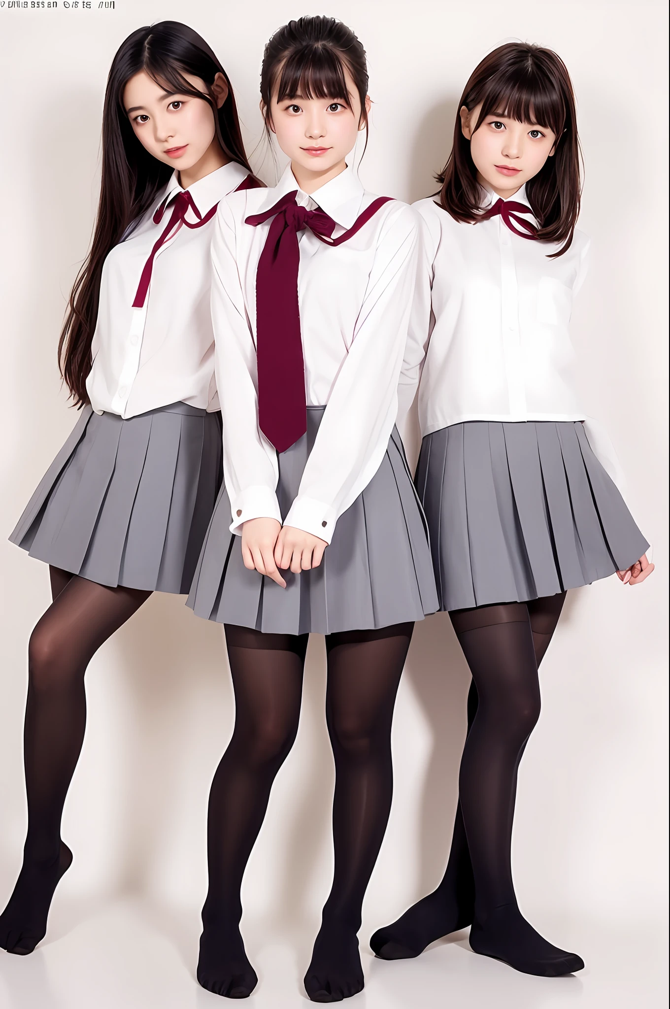 Photo of a Beautiful japanese idol Woman, solo, 1girl,  japanese school uniform, winter, black tights, color, full body, white background