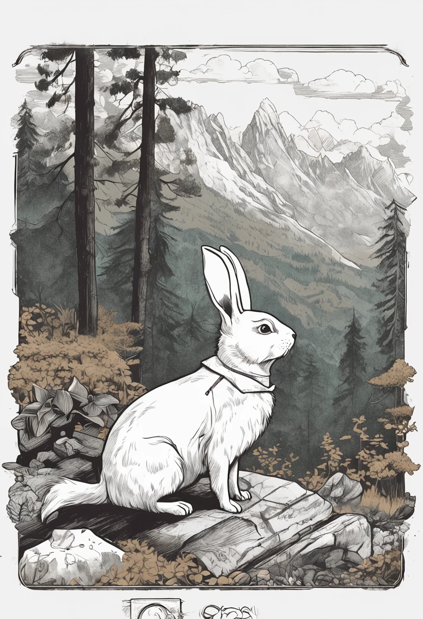 Classic negative portrait photo, fantasy video game character concept art, a cute white fluffy rabbit with a small brown leather backpack looking at a map hiking through the forest, dungeons and dragons, fantasy, river, haze, halo, Bloom, dramatic atmosphere, dark fantasy film of the 1970s, centered, rule of thirds