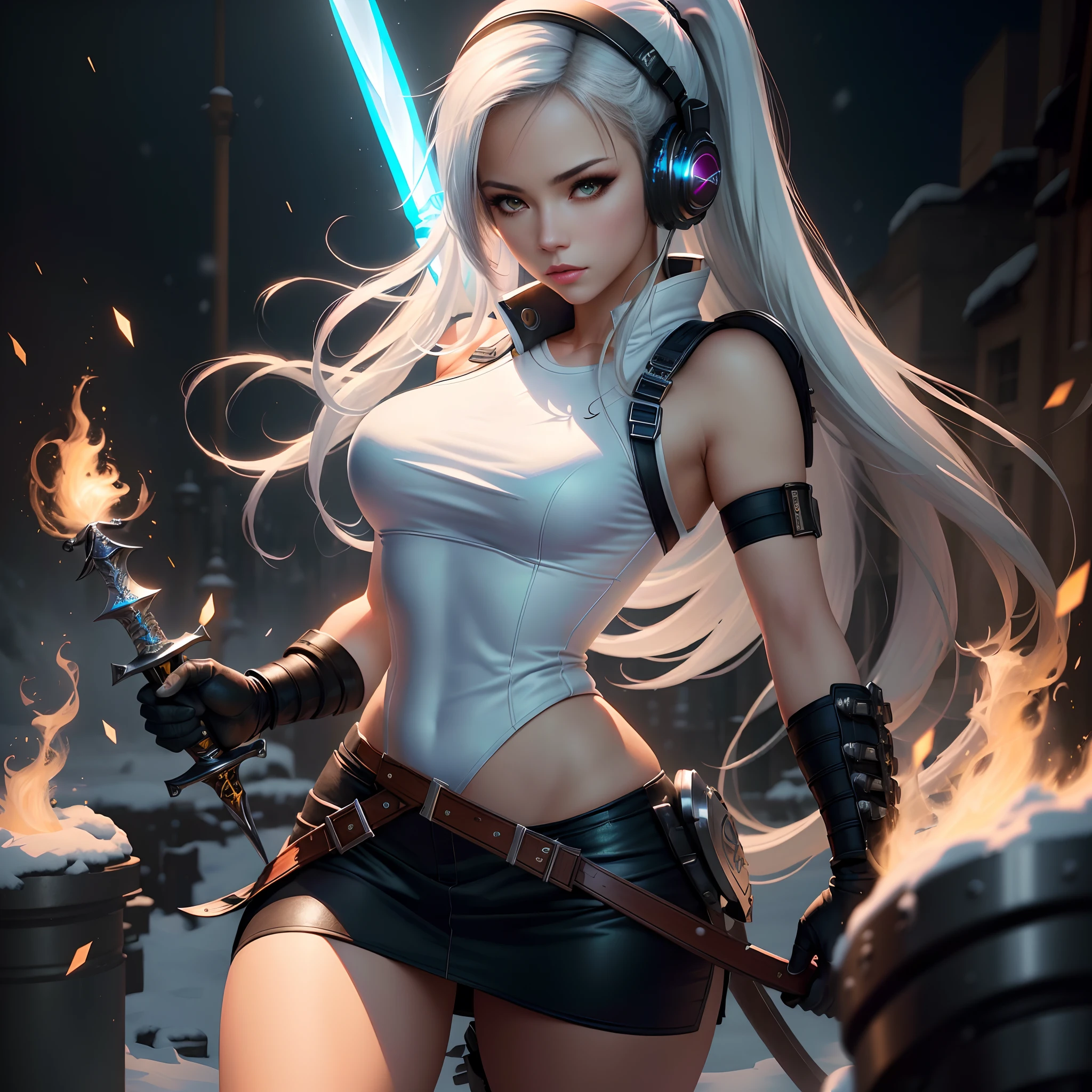a woman with a sword and headphones standing in front of a snow, extremely detailed artgerm, ig model | artgerm, ross tran 8 k, style artgerm, tifa lockhart with white hair, in the style artgerm, artgerm style, artgerm. anime illustration, artgerm on artstation pixiv