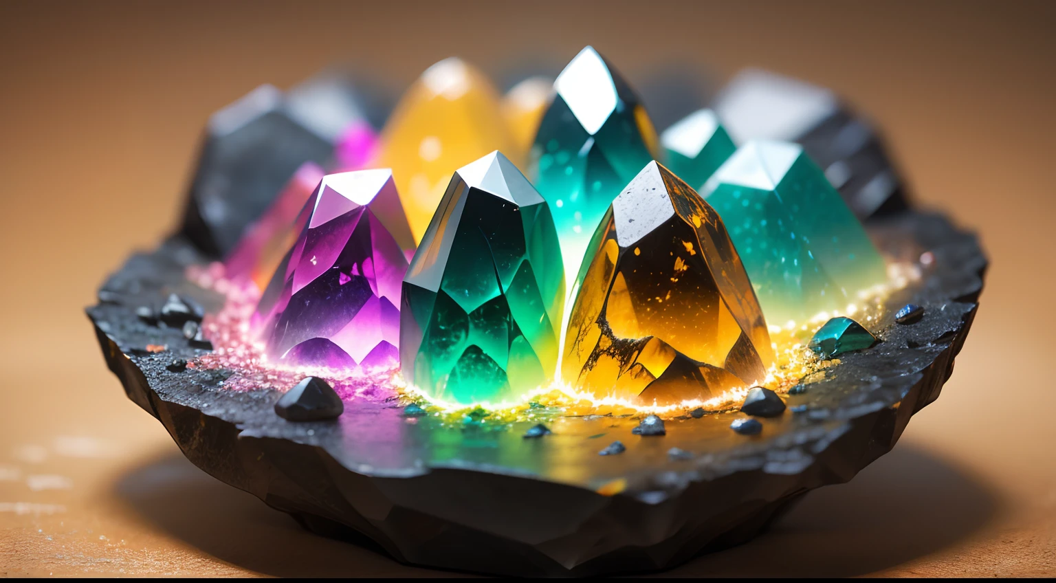 neon glowing sulphuric 3d realistic crystals in a cracked geode 16k.sulphure stone,yellow sulphure stone