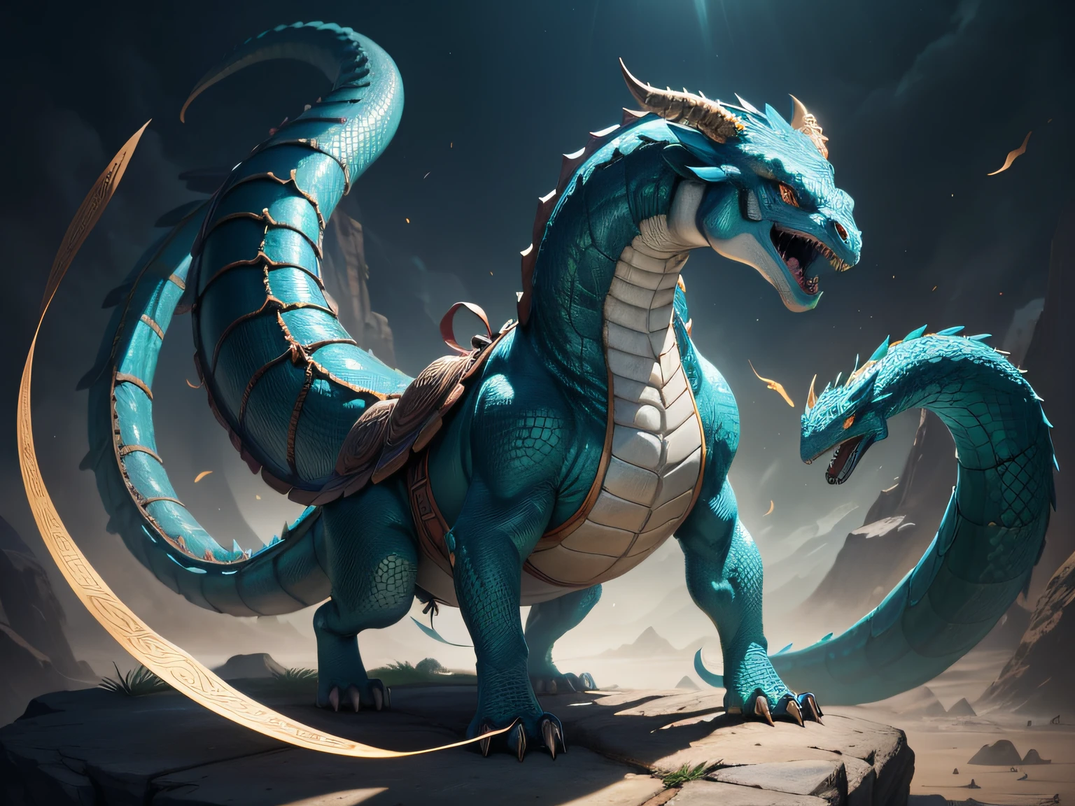 tmasterpiece,A high resolution,8K,CG animation,The image of a mythical beast in Chinese mythology,By the head of a dragon、The body of a turtle、The tail of the snake is composed;The head is covered with turquoise dragon horns,The eyes are like the finest emerald gemstones;The body is protected by a solid and heavy shell,The surface of the housing is uneven,It has an ancient pattern;The dorsal ridge is staggered and angular,Extremely sharp;The tail is a python spitting turquoise letters,