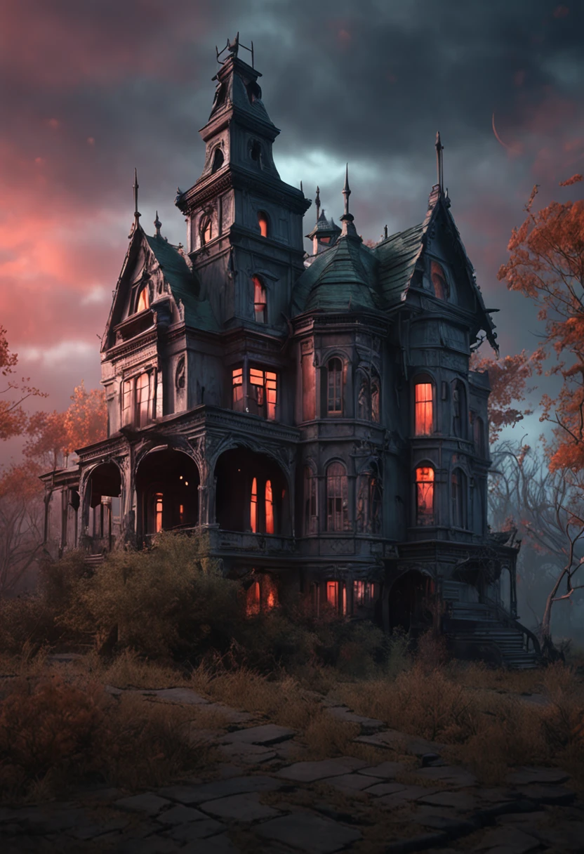 arafed house with a creepy roof and a creepy graveyard, spooky mansion, gothic mansion, haunted gothic hotel, background artwork, inspired by Andreas Rocha, ultra detailed haunted house, haunted house, eerie highly detailed, haunted house themed, victorian manor, victorian house, stefan koidl inspired, by Tomasz Jedruszek