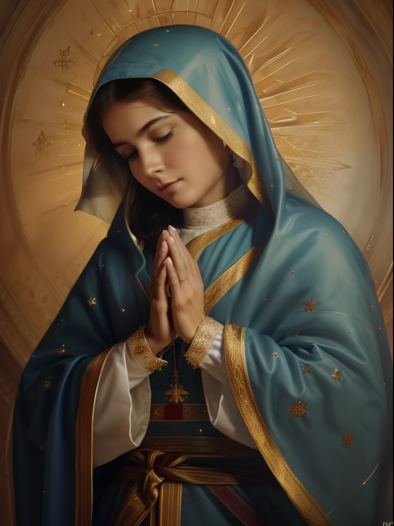 ((Blessed Virgin Mary. 19 years old))) ((( Con una cara seria y piadosa. Con una mirada dulce y tierna))) (obra maestra, calidad superior, mejor calidad, arte oficial, beautiful and aesthetic: 1.2), (1girl), extremadamente detallado, (Arte fractal: 1.3), colorido, highest detailed, Cara perfecta, parte superior del cuerpo, HDR, (orando: 1.3), (golden lines of white coat: 1.2), galaxia, (rayas de luz), eye-catching visuals, (dynamic stripes, senderos luminosos: 1.2), colores vibrantes,