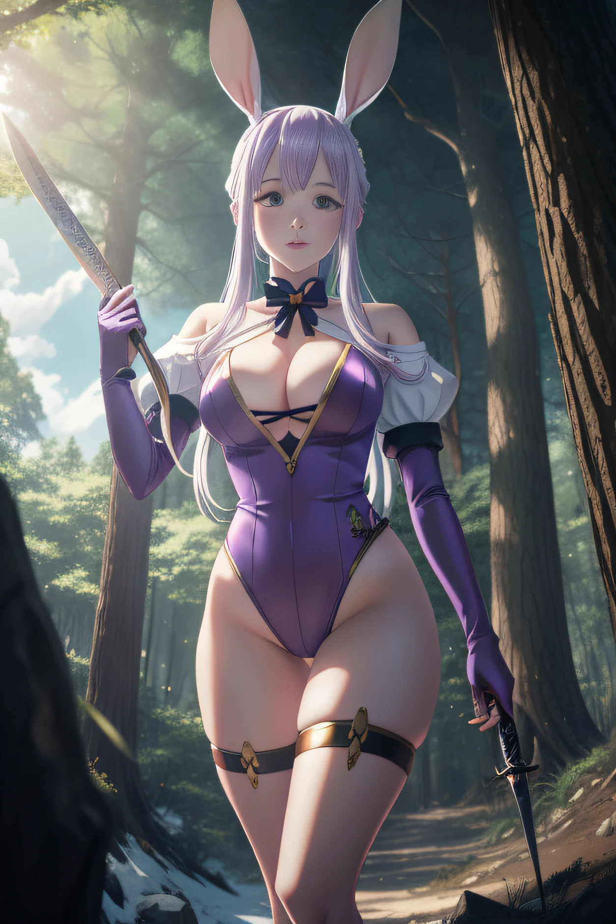 Anime girl with rabbit ears holding a sword in the forest, anime in fantasy style, bunny girl, Warrior Rabbit, Sexy in a magical forest, snow-white hair, albino, the anime, made with anime painter studio, fantasy art style, anime stylized, epic anime style, digital anime illustration, in anime style, anime artstyle. In a one-piece lilac swimsuit, Wearing gloves. Hydroelectric element.