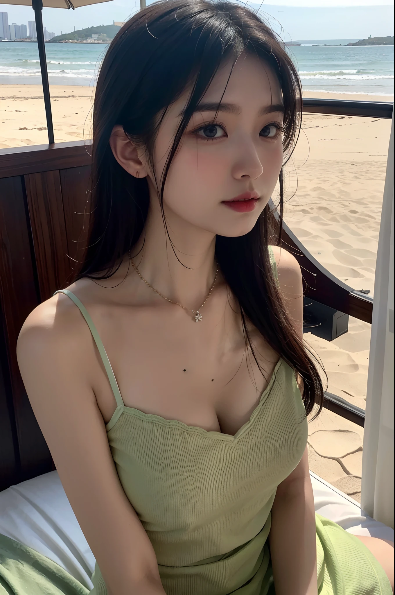 (beste-Qualit, 10, 10, masterpiece, UHD: 1.2), Photo of Pretty Japanese woman,20 age, Short black hair, Beauty Face, (Lean forward: 1.3), Seated, (From Top: 1.2), (Up Close: 1.4), P.P.G, Cold shoulder dress, large boobs, outdoor, high wind, oily shiny skin, Blurry Background,