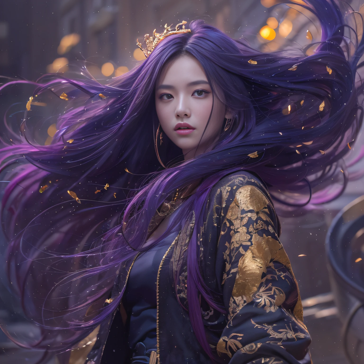 32K（tmasterpiece，k hd，hyper HD，32K）Long flowing bright purple hair，Autumn Pond，zydink， a color，  Asian people （Silly girl）， （Silk scarf）， Combat posture， looking at the ground， long whitr hair， Floating bright purple， Fire cloud pattern gold tiara， Chinese long-sleeved gold silk garment， （abstract ink splash：1.2）， smoky background，Lotus protector（realisticlying：1.4），Bright purple hair，Smoke on the road，The background is pure， A high resolution， the detail， RAW photogr， Sharp Re， Nikon D850 Film Stock Photo by Jefferies Lee 4 Kodak Portra 400 Camera F1.6 shots, Rich colors, ultra-realistic vivid textures, Dramatic lighting, Unreal Engine Art Station Trend, cinestir 800，Long flowing bright purple hair
