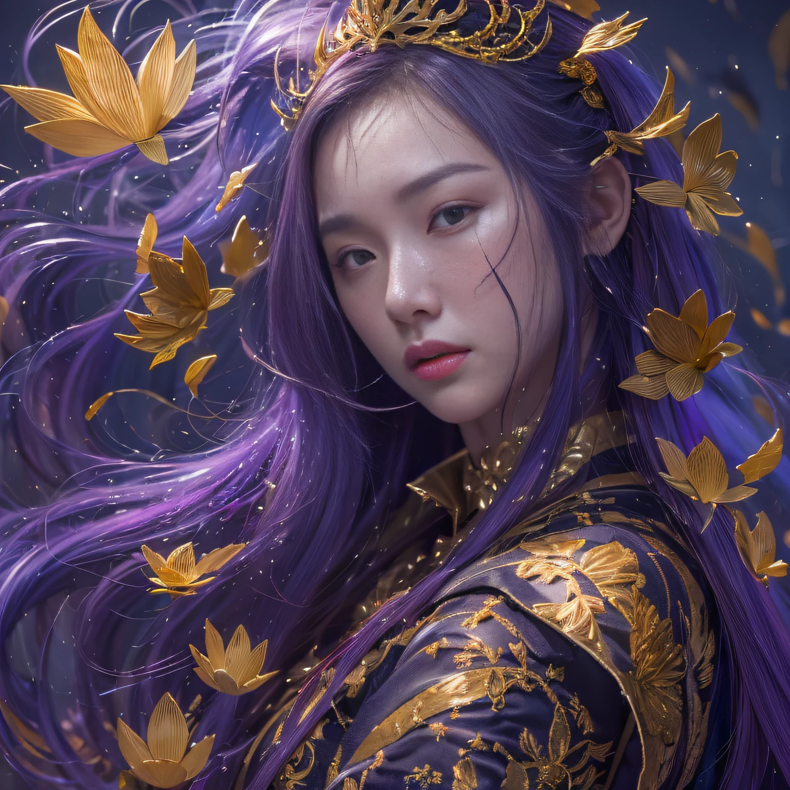 32K(tmasterpiece,k hd,hyper HD,32K)Long flowing bright purple hair,Autumn Pond,zydink, a color, Asian people (Silly girl), (Silk scarf), Combat posture, looking at the ground, long whitr hair, Floating bright purple, Fire cloud pattern gold tiara, Chinese long-sleeved gold silk garment, (abstract ink splash:1.2), smoky background,Lotus protector(realisticlying:1.4),Bright purple hair,Smoke on the road,The background is pure, A high resolution, the detail, RAW photogr, Sharp Re, Nikon D850 Film Stock Photo by Jefferies Lee 4 Kodak Portra 400 Camera F1.6 shots, Rich colors, ultra-realistic vivid textures, Dramatic lighting, Unreal Engine Art Station Trend, cinestir 800,Long flowing bright purple hair
