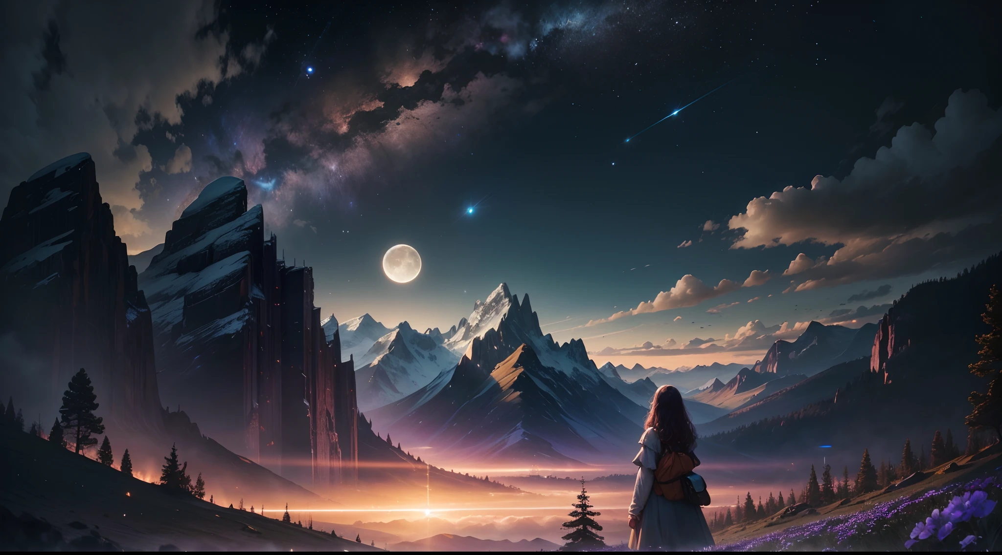 Expansive landscape photograph, (view from below with a view of the sky and the wilderness below), girl standing in a flower field looking up, (full moon: 1.2), (shooting star: 0.9), (nebula: 1.3), distant mountain, tree break production art, (warm light source: 1.2), (firefly: 1.2), lamp, purple and orange, intricate detail, volume lighting BREAK (masterpiece: 1.2), (highest quality ), 4k, ultra-detailed, (dynamic configuration: 1.4), highly detailed and colorful details (iridescent: 1.2), (sparkling lighting, atmospheric lighting), dreamy, magical, (solo: 1.2)