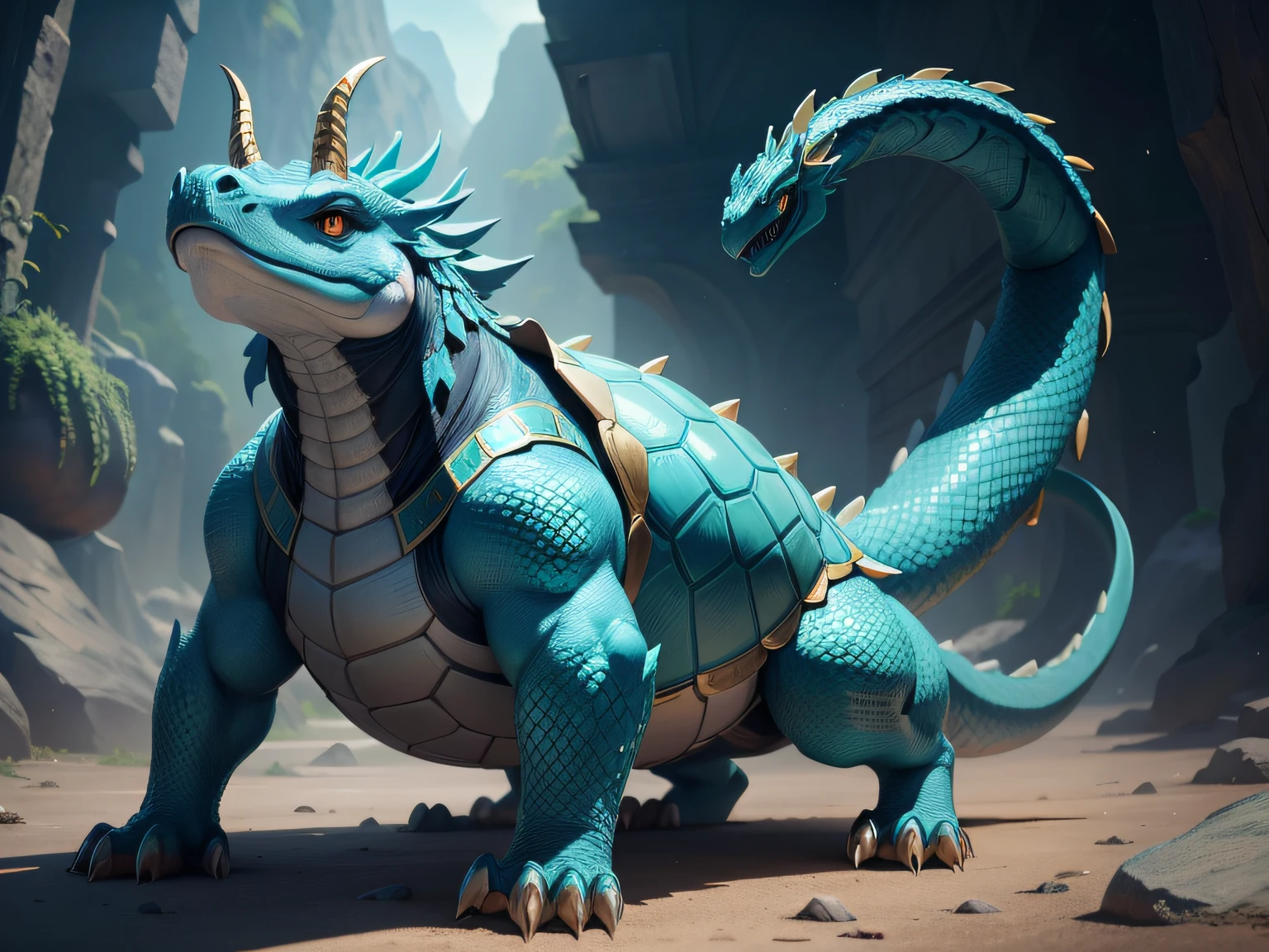 tmasterpiece，A high resolution，8K，CG animation，The image of a mythical beast in Chinese mythology，By the head of a dragon、The body of a turtle、The tail of the snake is composed；The head is covered with turquoise dragon horns，The eyes are like the finest emerald gemstones；The body is protected by a solid and heavy shell，The surface of the housing is uneven，It has an ancient pattern；The dorsal ridge is staggered and angular，Extremely sharp；The tail is a python spitting turquoise letters，