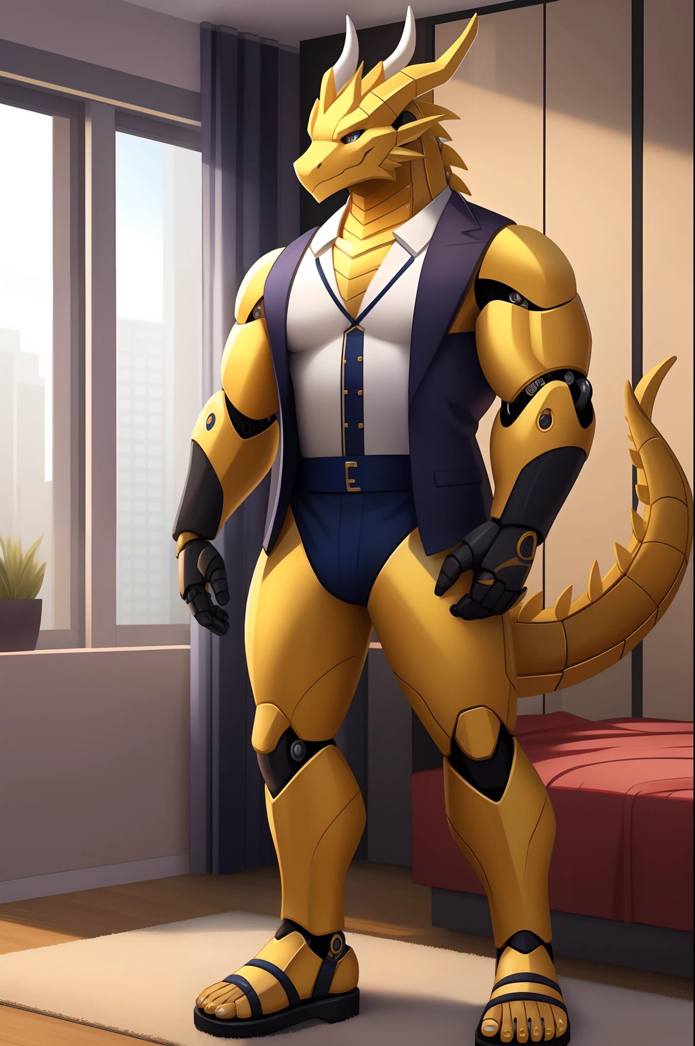 Robot dragon,Golden Dragon,Wearing a white vest,Standing in the apartment,Wear sandals。