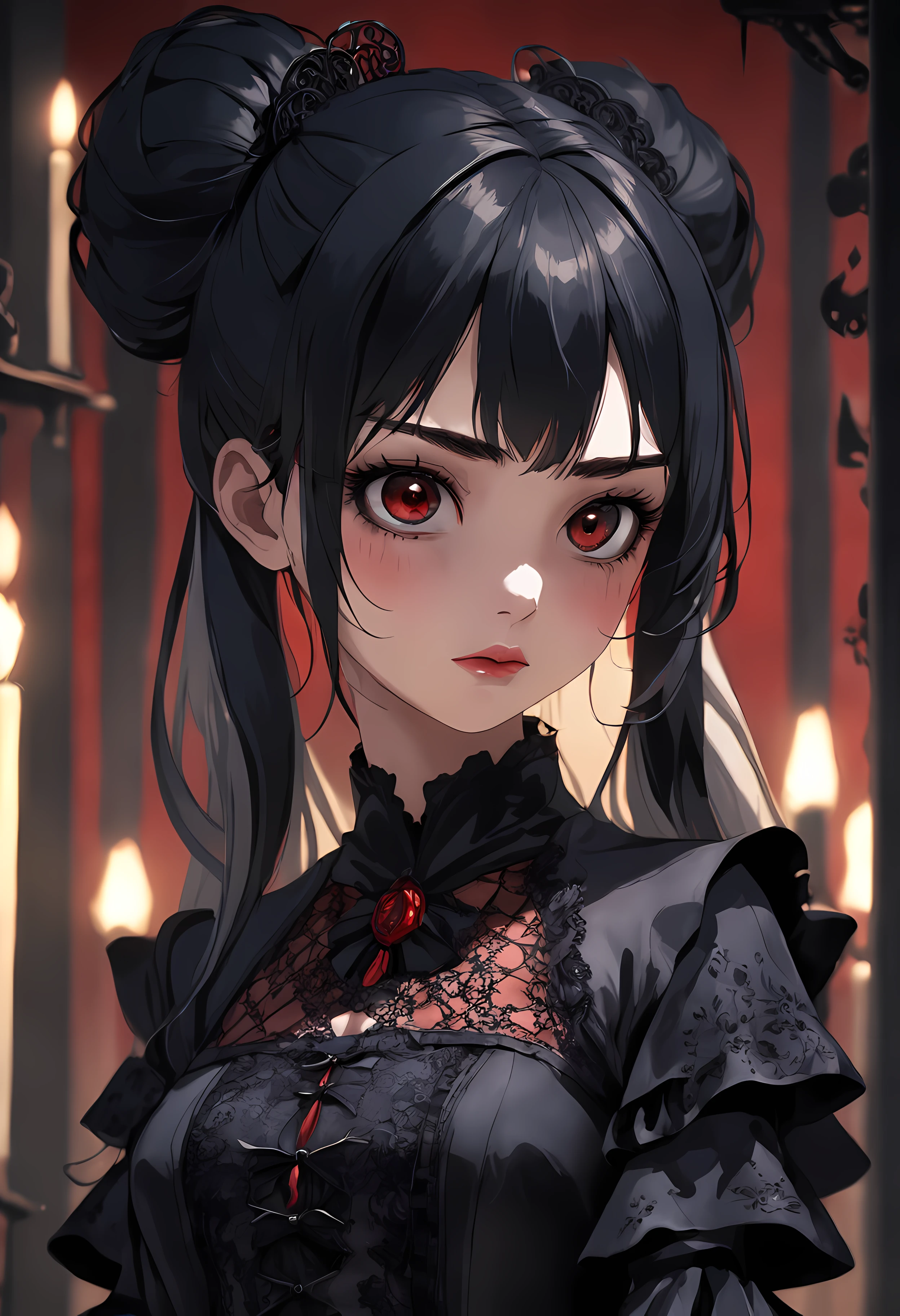 Masterpiece, Best quality, 1 girl, Solo, Natural skin texture, Realistic black eyes and facial details :5),(Dark :1. 4), Deep shadows, Extremely detailed beauty, Detailed eyes and face, sharp black eyes, Red lipstick, No black eyeliner, Detailed gothic costumes, pony tails, Black hair, nikon d850 film, Surreal, Authentic textures, Dramatic, lighting, illusory engine, (facial clarity :1). 5), (Transparent clothes :1); 1) Gothic style, Black lace, tattoo