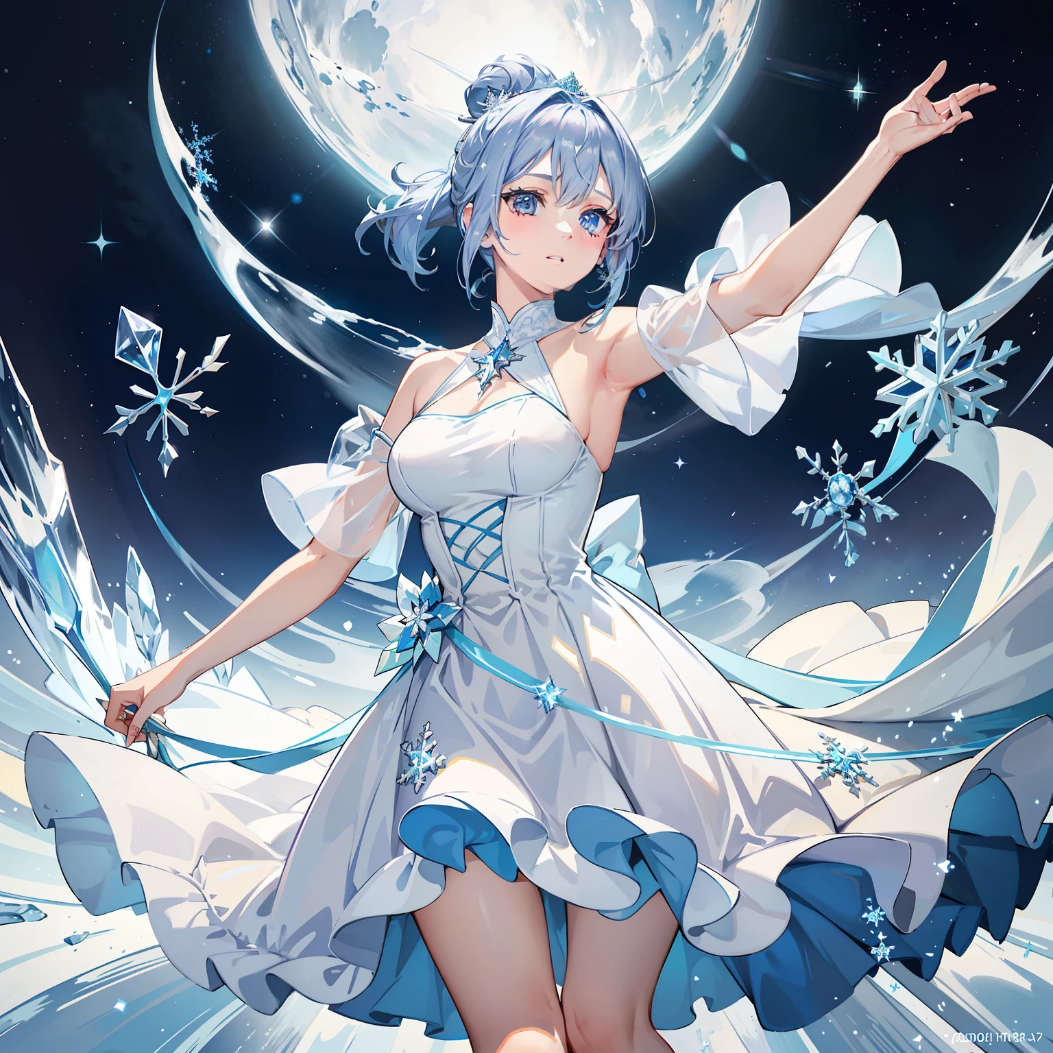 Short yellow ponytail,Violet-blue eyes,Blue and white off-the-shoulder long dress,On a wide snowfield as far as the eye can see,Next to it is a crystal clear snowflake tree,princess,Dance to the beauty