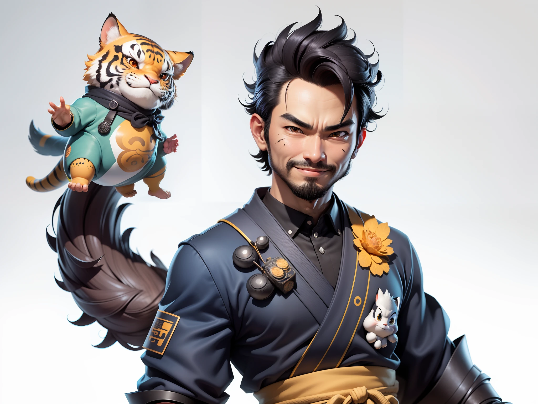 (Daisaku),(Need),(Super meticulous),(full bodyesbian:1.2),Super young man with Japanese geisha,Beautiful,orient,one tiger,Aeolian Thor,Raised sexy,爆乳,Oriental face,TV Anchor,Bust portrait illustration,In black suit,a blue tie,The face is slightly chubby,The face was clean,without a beard,Black super short hair,Black eyes,Smile confidently,3C computer sub-products,iPad, iphone,Digital painting,3D character design by Mark Clairen and Pixar and Hayao Miyazaki and Akira Toriyama,The illustration is a high-definition illustration in 4K resolution,With very detailed facial features and cartoon-style visuals。