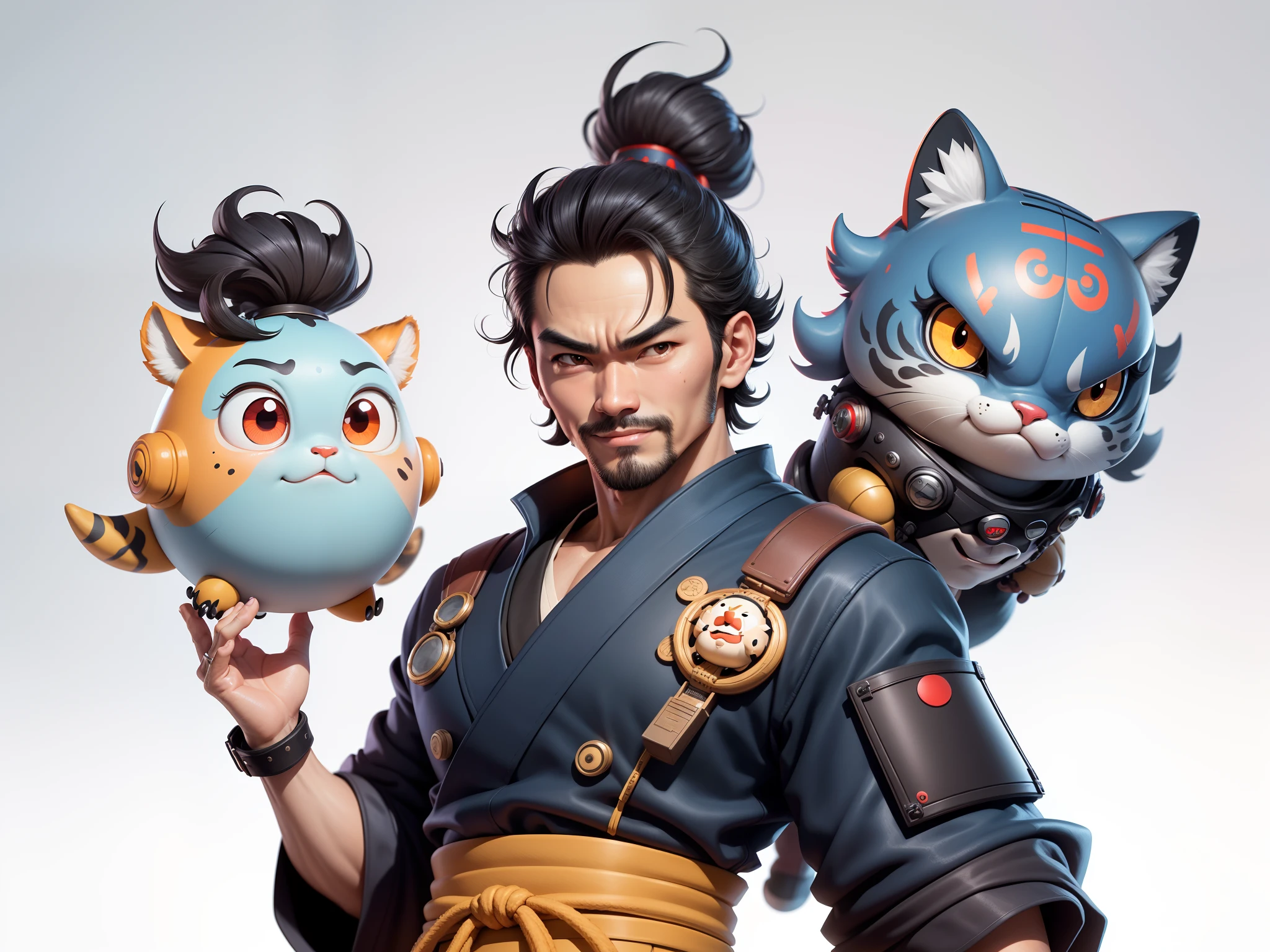 (Daisaku),(Need),(Super meticulous),(full bodyesbian:1.2),Super young man with Japanese geisha,Beautiful,orient,one tiger,Aeolian Thor,Raised sexy,爆乳,Oriental face,TV Anchor,Bust portrait illustration,In black suit,a blue tie,The face is slightly chubby,The face was clean,without a beard,Black super short hair,Black eyes,Smile confidently,3C computer sub-products,iPad, iphone,Digital painting,3D character design by Mark Clairen and Pixar and Hayao Miyazaki and Akira Toriyama,The illustration is a high-definition illustration in 4K resolution,With very detailed facial features and cartoon-style visuals。