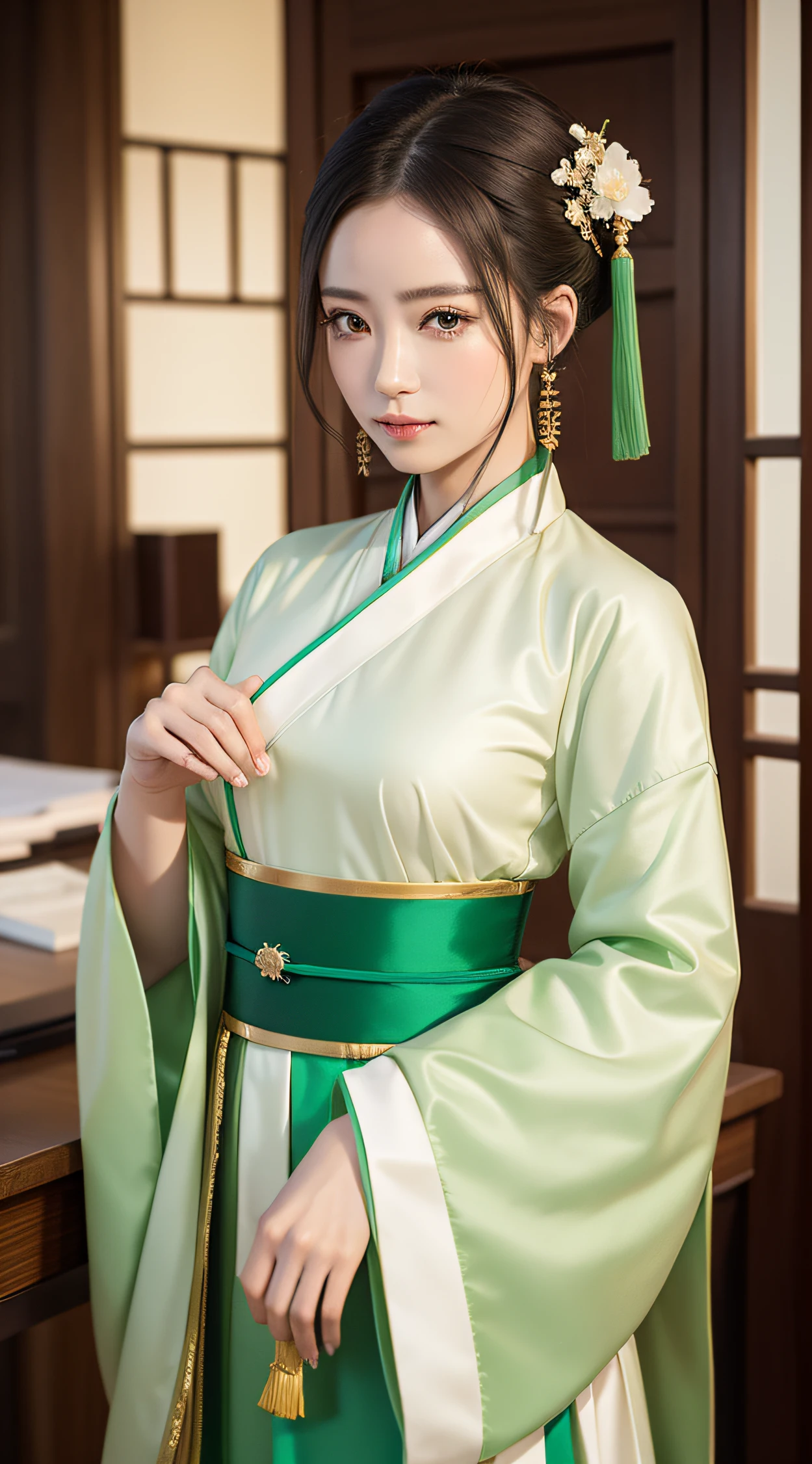 Hanfu uniform, of jade green mixed with ivory, gilded joints, detailed drawings of materials, surface highlights and details, full color amazing colors, smooth, realistic, complex, highlights, cinematic