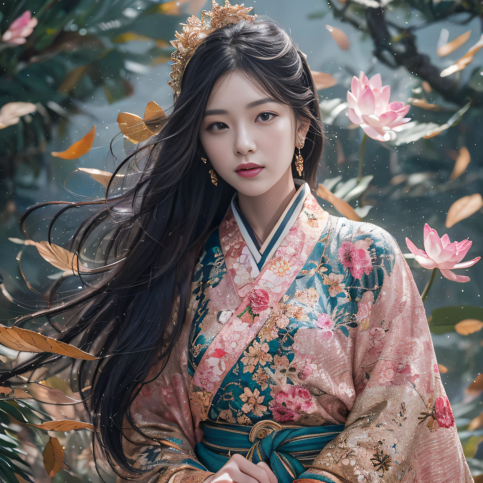 32K(tmasterpiece,k hd,hyper HD,32K)Long flowing black hair,ponds,zydink, a color, Xuzhou people (Silly girl), (Silk scarf), Combat posture, looking at the ground, long whitr hair, Floating hair, Carp pattern headdress, Chinese long-sleeved clothing, (abstract ink splash:1.2), Pink petal background,Pink and white lotus flowers fly(realisticlying:1.4),Black color hair,Fallen leaves flutter,The background is pure, A high resolution, the detail, RAW photogr, Sharp Re, Nikon D850 Film Stock Photo by Jefferies Lee 4 Kodak Portra 400 Camera F1.6 shots, Rich colors, ultra-realistic vivid textures, Dramatic lighting, Unreal Engine Art Station Trend, cinestir 800,Long flowing black hair,Denim skirt
