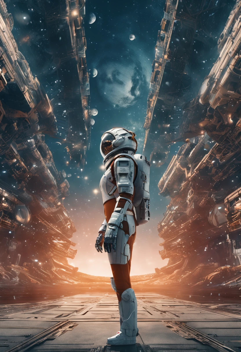 (Full shot: 1.4) Photograph of a robotic woman on the Moon, masterpiece, (realism: 1.4), best quality, beautiful light, braided hairstyle, light tracking, space background, (very detailed background, busy background: 0.8), Earth in the background, clear focus, volumetric fog, 8k UHD, dslr, high definition, film particles, photo realism, lomography, in (huge metropolis in a future dystopia) ia), seen from below, translucent (HDR): 1.2, March