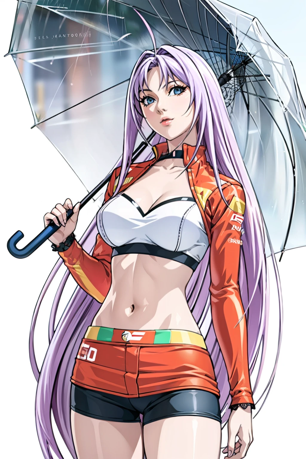 ((Formula One)), race track, miniskirt, crop top,background, perfect eyes:1.2, detailed eyes:1.4, very long hair, ahoge, cowboy shot, (PhotoRealistic:1.4), umbrellaLORA, holding umbrella, Maya-Natsume-KJ, race_queen, clothing cutout, looking at viewer, Ultra-realistic 8K CG, masterpiece, ((ultra-detailed background, delicate pattern, intricate details)), best quality, intricate details, 1girl, solo, (masterpiece:1.6, best quality),