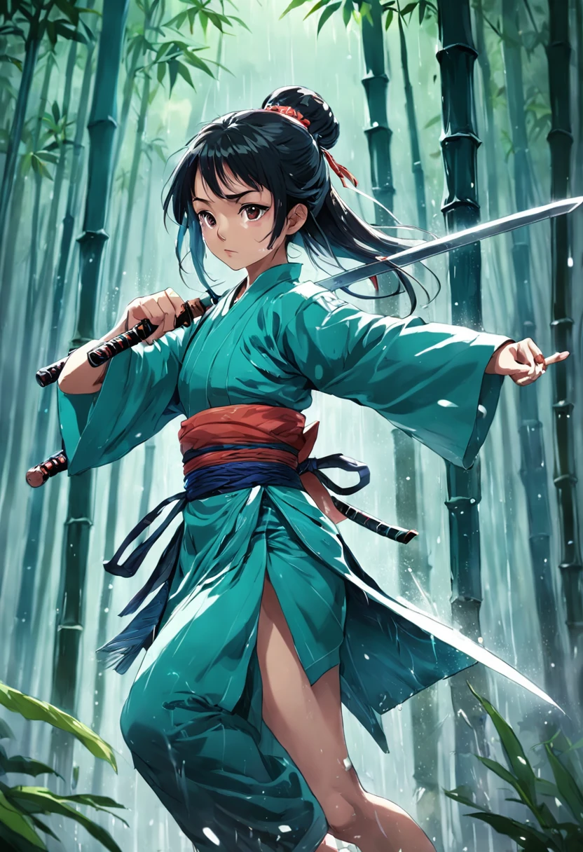 1 Oriental female swordsman,Sword dancing in the bamboo forest in the rain