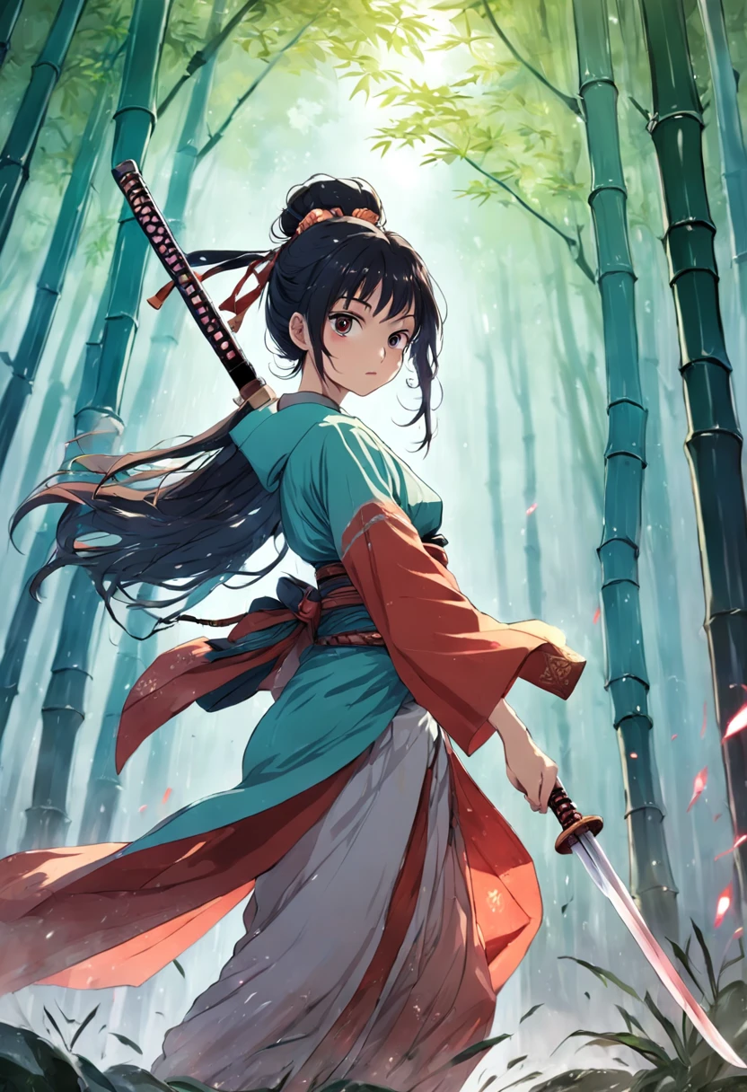 1 Oriental female swordsman,Sword dancing in the bamboo forest in the rain
