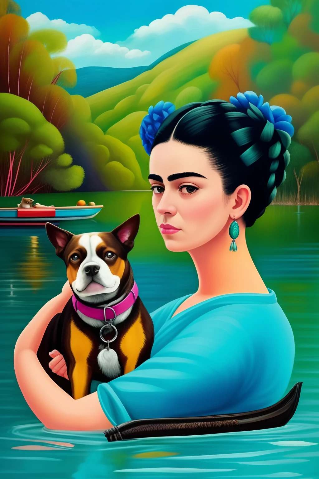 neon lights, a calm lake, a curious dog, wooly, vintage, in the style of Frida Kahlo
The brush strokes in this painting are Lively and Impressionistic.