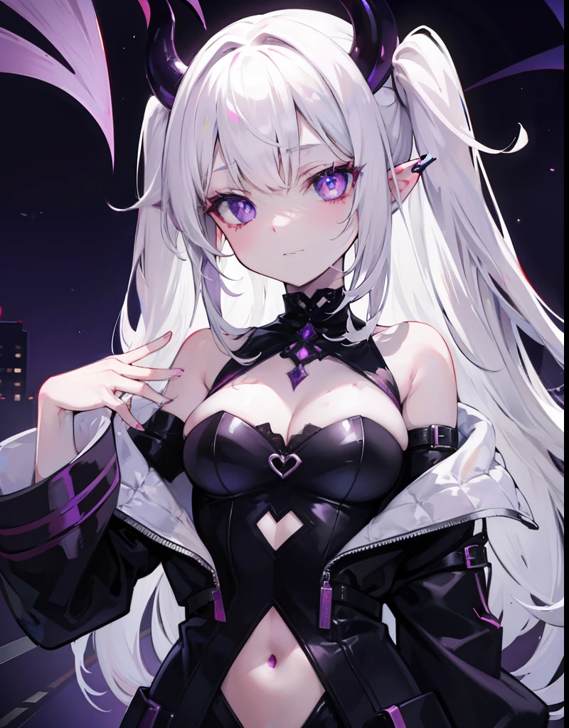 Creamy white hair,Deep purple pupils,Cute and seductive succubus girl