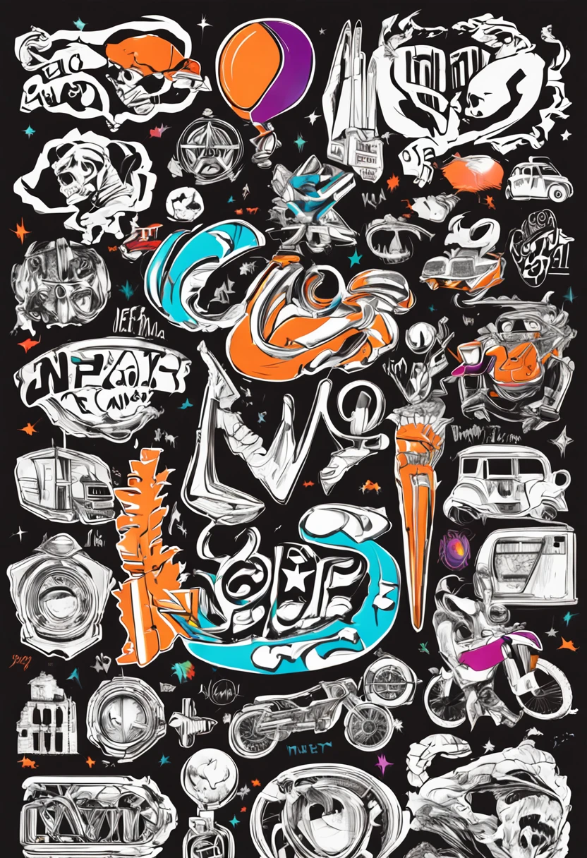 Small collection of different logos on white background, Punk rock theme, Colorful, computer graphics, Graphic logo in international typography style, O logo, Jean Arp
