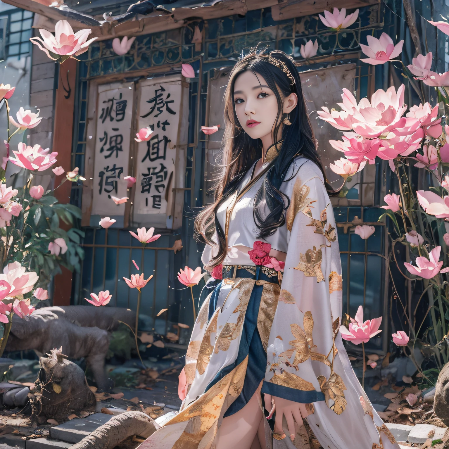 Denim skirt 32K out of the water hibiscus（tmasterpiece，k hd，hyper HD，32K）Long flowing black hair，ponds，zydink， a color，  Xuzhou people （Silly girl）， （Silk scarf）， Combat posture， looking at the ground， long whitr hair， Floating hair， Carp pattern headdress， Chinese long-sleeved clothing， （abstract ink splash：1.2）， Pink petal background，Pink and white lotus flowers fly（realisticlying：1.4），Black color hair，Fallen leaves flutter，The background is pure， A high resolution， the detail， RAW photogr， Sharp Re， Nikon D850 Film Stock Photo by Jefferies Lee 4 Kodak Portra 400 Camera F1.6 shots, Rich colors, ultra-realistic vivid textures, Dramatic lighting, Unreal Engine Art Station Trend, cinestir 800，Long flowing black hair，Denim skirt，Denim skirt，Denim skirt