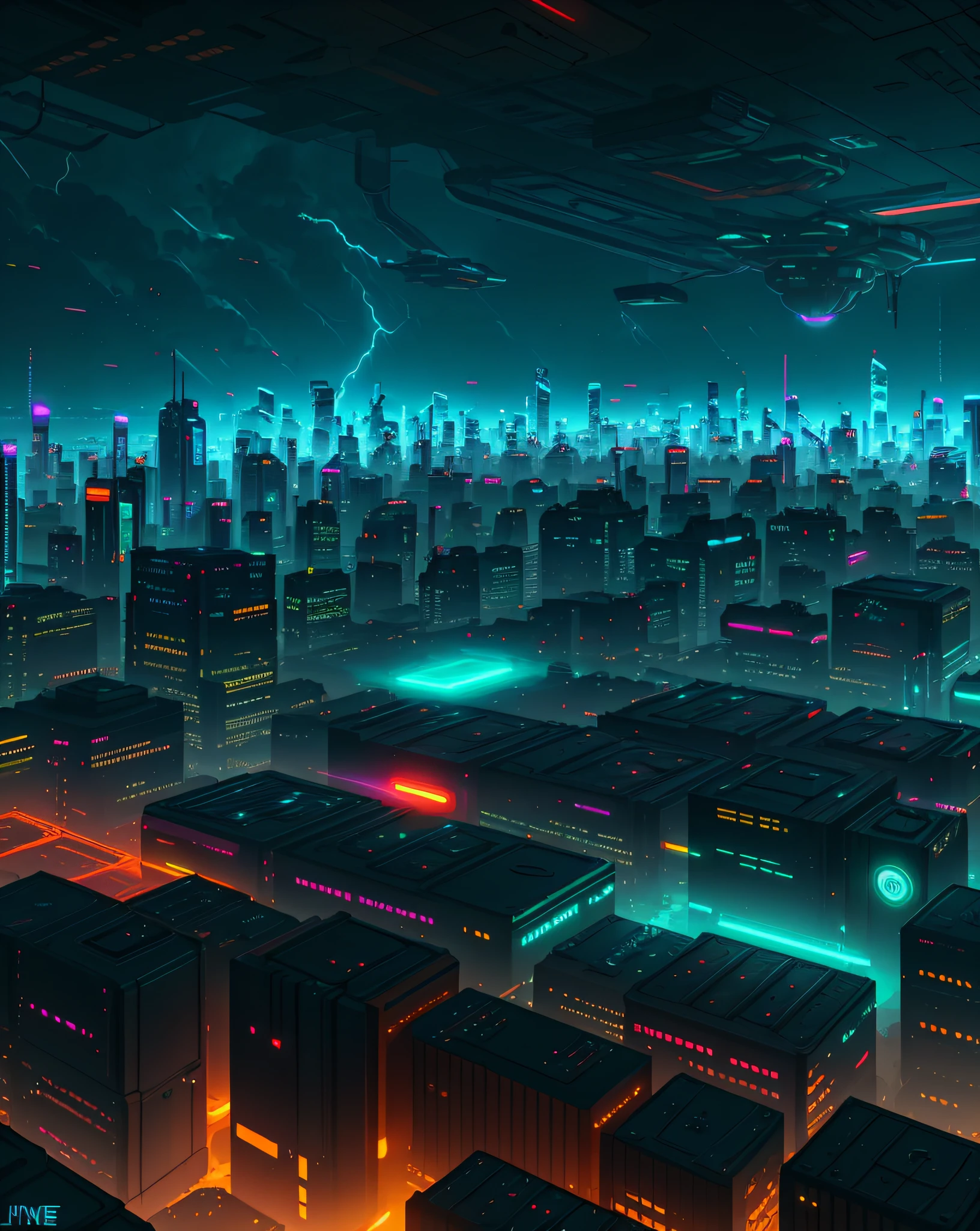 Futuristic cityscape with neon glow, bright colors, aerial view of the skyline, with industrial buildings, flying cars, cyberpunk elements, illustrated by nick haywood, trending on artstation, and rendered in unreal engine, with detailed shadows and lightning.