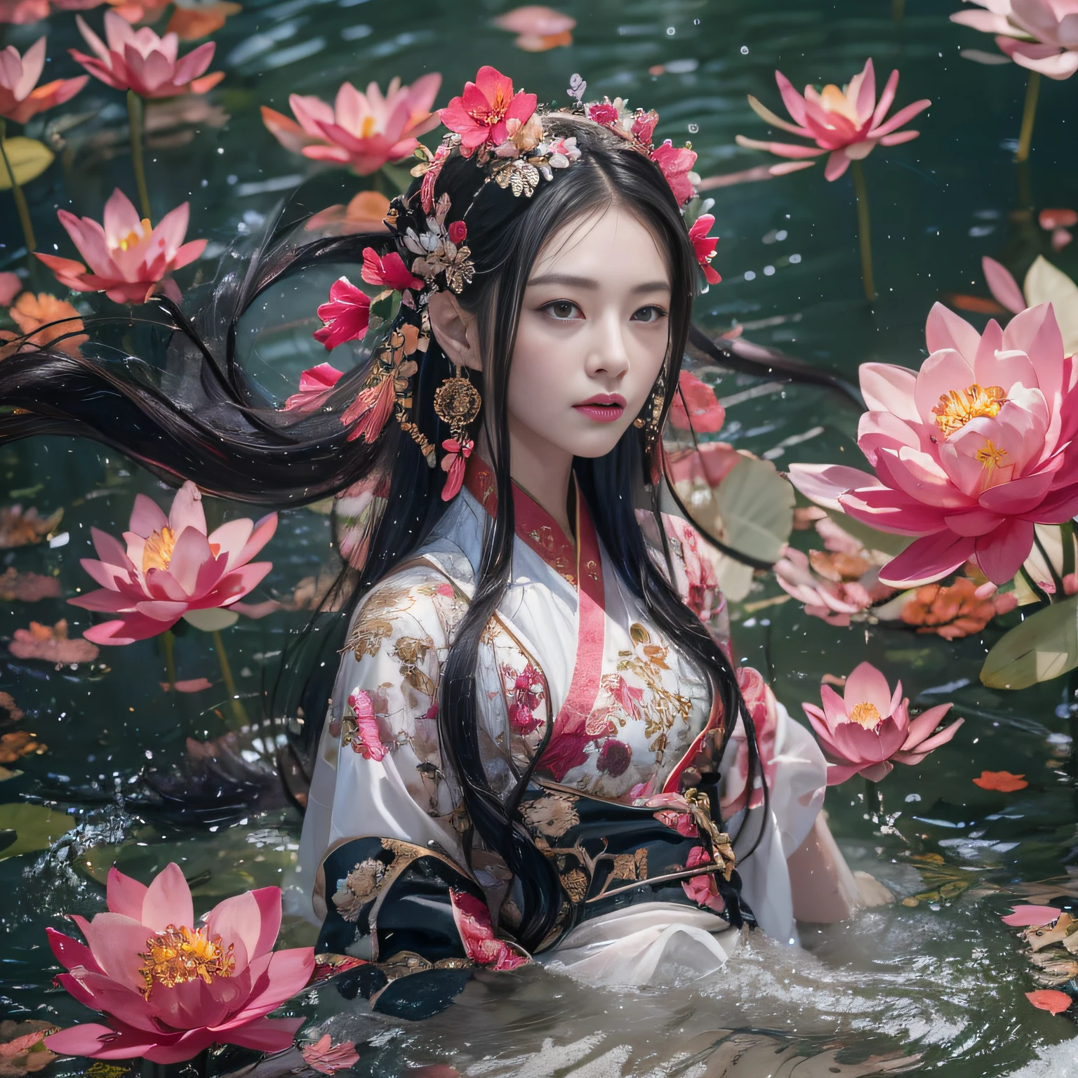 32K（tmasterpiece，k hd，hyper HD，32K）Long flowing black hair，ponds，zydink， a color，  Xuzhou people （Silly girl）， （Silk scarf）， Hibiscus out of the water， looking at the ground， long whitr hair， Floating hair， Carp pattern headdress， Chinese long-sleeved clothing， （abstract ink splash：1.2）， Pink petal background，Pink and white lotus flowers fly（realisticlying：1.4），Black color hair，Fallen leaves flutter，The background is pure， A high resolution， the detail， RAW photogr， Sharp Re， Nikon D850 Film Stock Photo by Jefferies Lee 4 Kodak Portra 400 Camera F1.6 shots, Rich colors, ultra-realistic vivid textures, Dramatic lighting, Unreal Engine Art Station Trend, cinestir 800，Long flowing black hair，Hibiscus out of the water，Enchanting