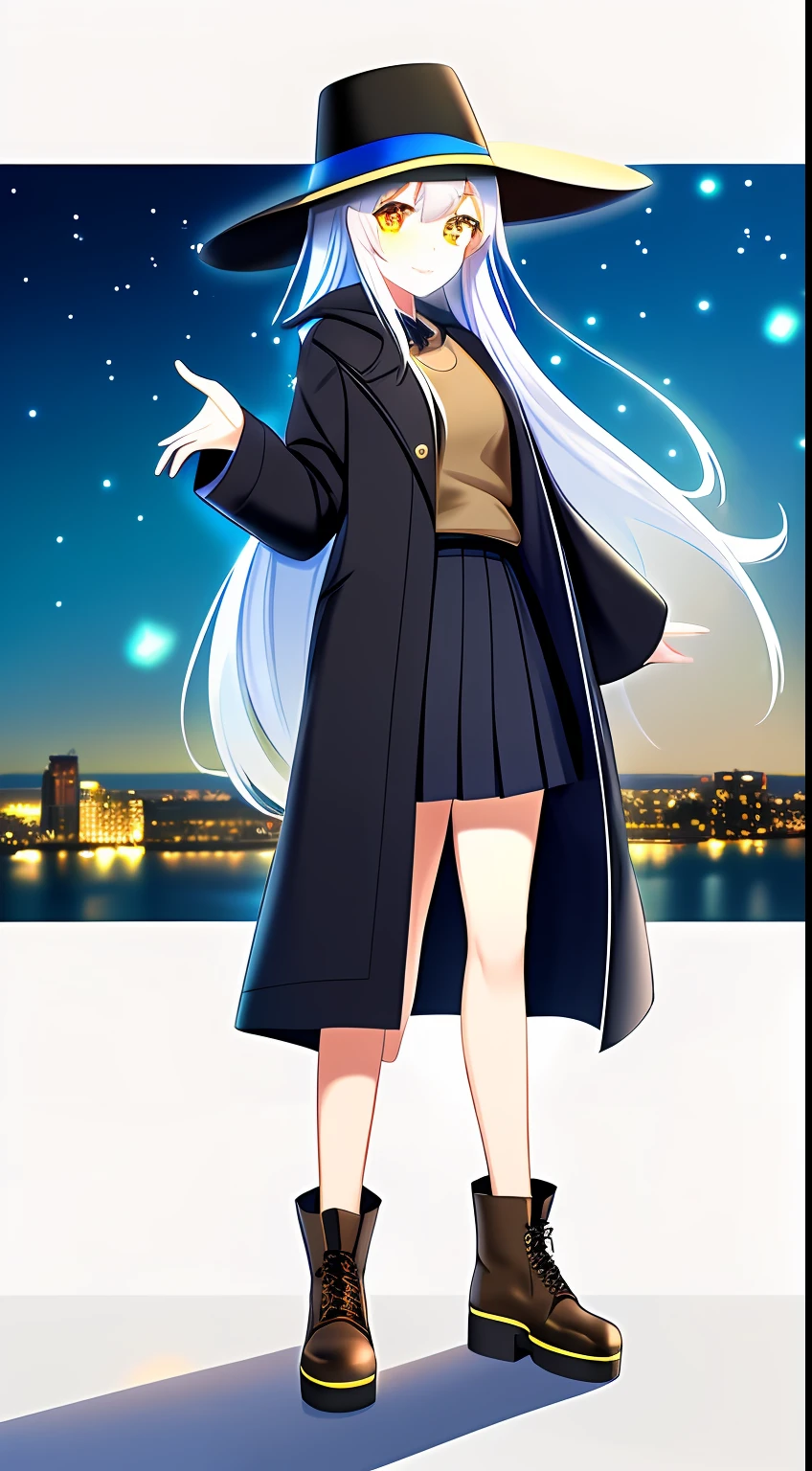 (Best quality,Masterpiece,超高分辨率),(Beautiful and detailed face),1girll,Height 148cm,Poor milk,white long straight hair,Golden pupils,ssmile,Wide-brimmed high-top felt hat,Large black coat,pleatedskirt,Bare legged,Brown booties,the night,High-rise roof,Jazz dance