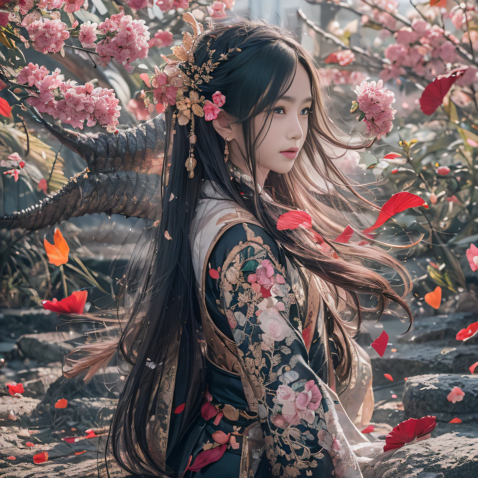 32K（tmasterpiece，k hd，hyper HD，32K）Long flowing black hair，ponds，zydink， a color，  Asian people （Silly girl）， （Silk scarf）， Combat posture， looking at the ground， long whitr hair， Floating hair， Carp pattern headdress， Chinese long-sleeved clothing， （abstract ink splash：1.2）， Pink petal background，Tulips flying（realisticlying：1.4），Black color hair，Fallen leaves flutter，The background is pure， A high resolution， the detail， RAW photogr， Sharp Re， Nikon D850 Film Stock Photo by Jefferies Lee 4 Kodak Portra 400 Camera F1.6 shots, Rich colors, ultra-realistic vivid textures, Dramatic lighting, Unreal Engine Art Station Trend, cinestir 800，Long flowing black hair