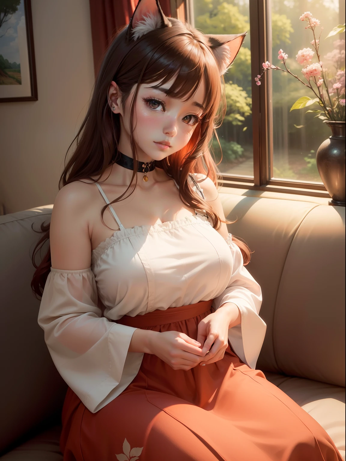 Delicate、(An ultra-high picture quality)、Anime feeling、2-dimensional、((Nature painting))、inside in room、sofa、1人の女性、Adults、Cat's ears、Curvaceous、Mathematical beauty、Warmth、Dynamism、red eyes、red clothing、natta