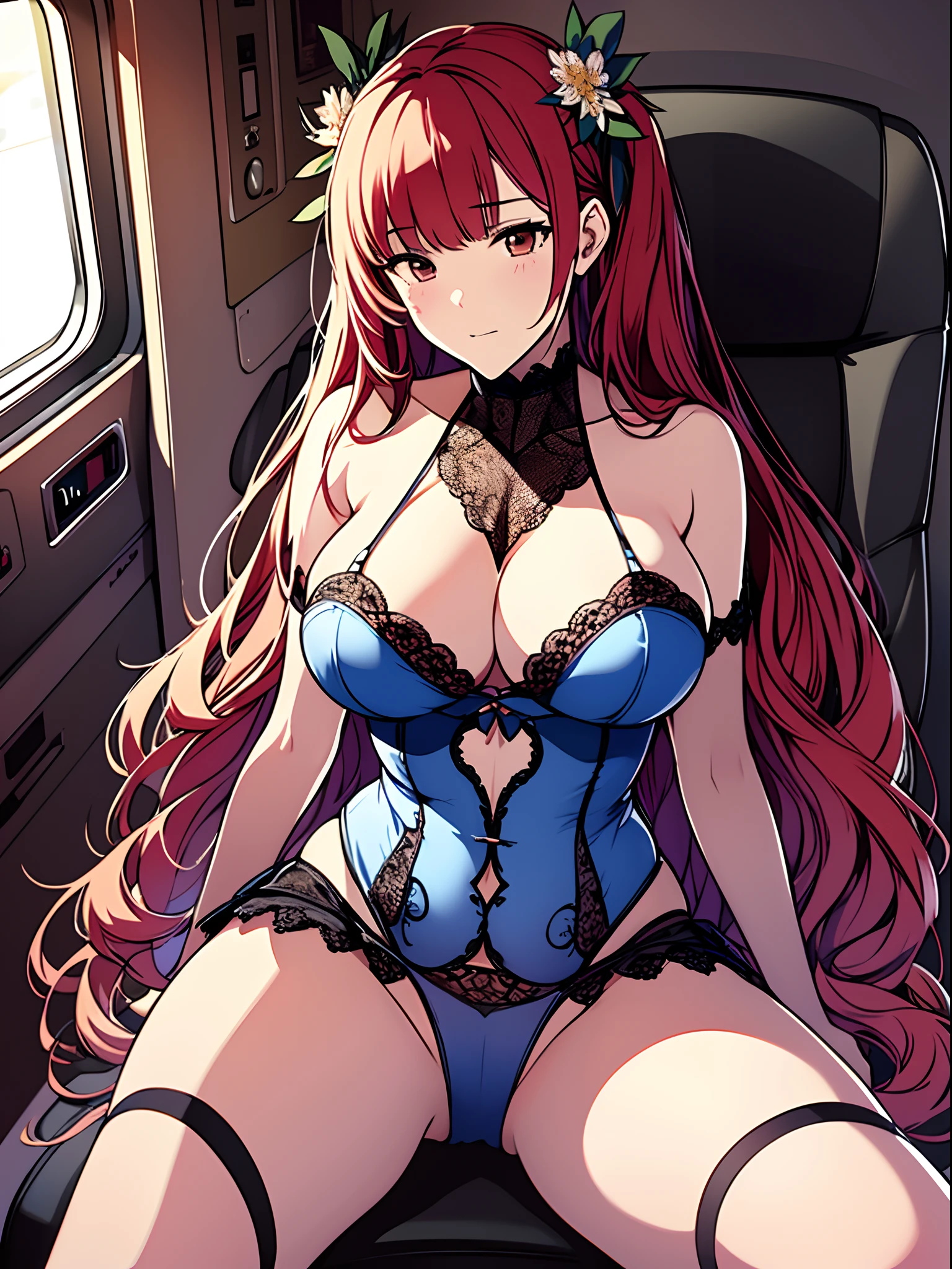 （Enrich the picture，Masterpiece level quality）Beautiful 8K CG artwork，Goddess-like posture，Sitting in the cabin of an airplane，Postural exercises，Slim and soft，Translucent skin，Red hair、The beauty of extra-long hair, Super Long Straight Hair，The skin is fair and juicy，Big breasts lingerie miniskirt uniform，Perspective Part 1.2x enhanced silhouette effect，Exquisite transparent blues pattern in pajamas，The details are intricate and exquisite，The background is slightly blurred，Charming and lustful leg seduction，Drool，K cup big breasts，Blush，Japan goddess，Perfect body slim curves，Cabin scene，Lace panties can be seen，spread their legs，